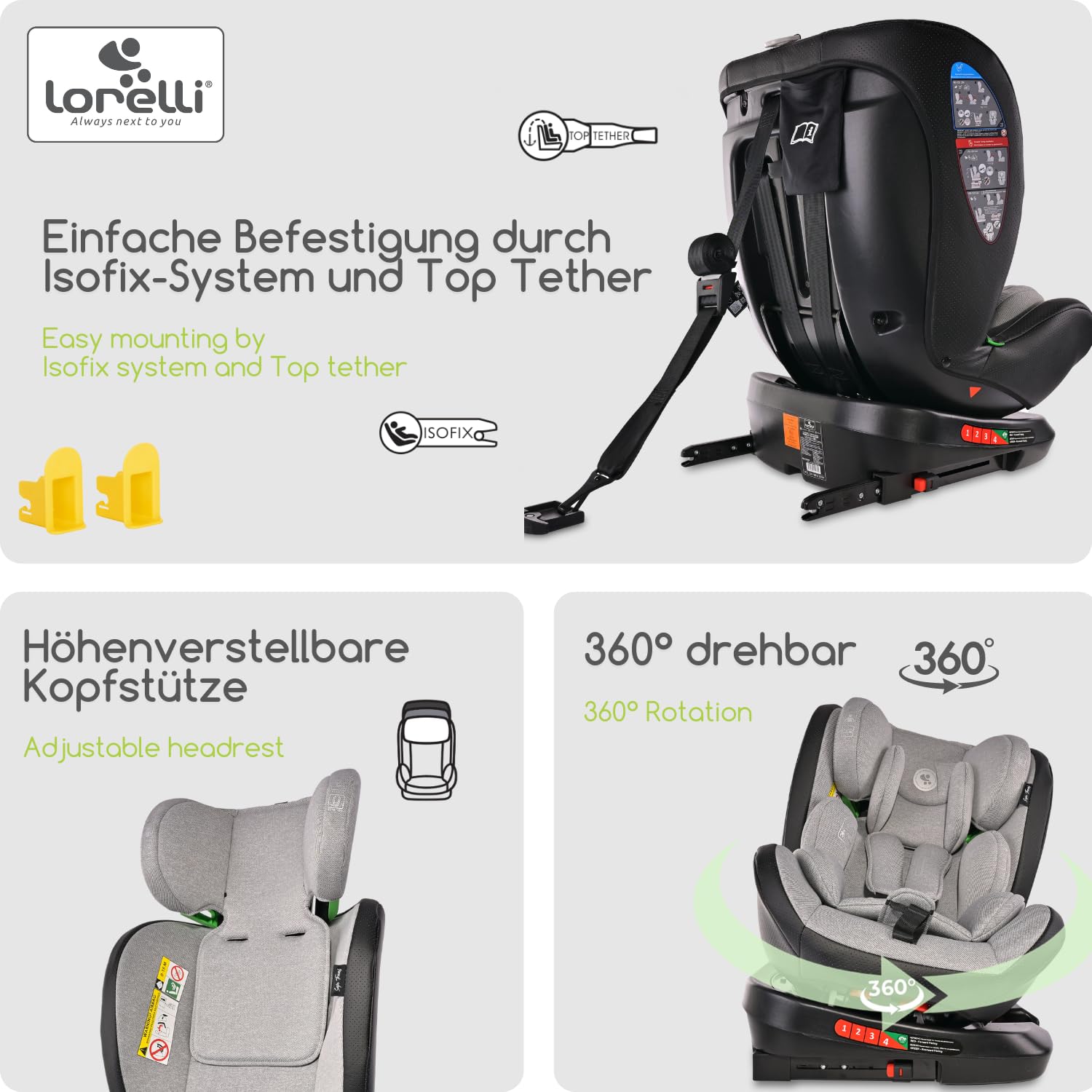 Lorelli Auto Kindersitz Nebula mit Isofix, 360 Grad drehbar, (0-36 kg) Mitwachsender Autositz i-Size 40-150cm - Gruppe 0+/1/2/3, Babysitz ab Geburt, 5-Punkt-Gurt, Einstellbare Kopfstütze, grau
