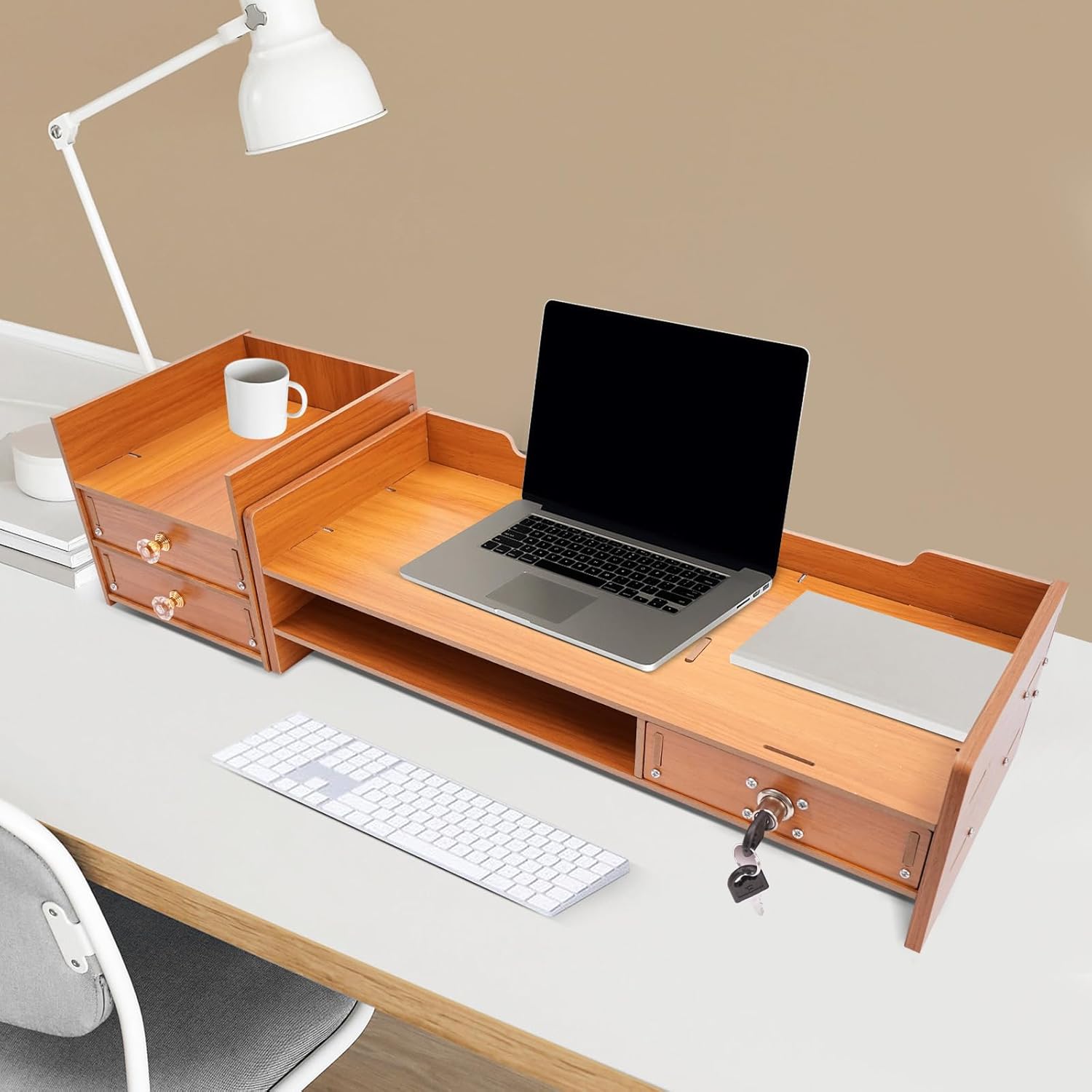 Wood Monitor Stand Riser with 3 Drawers & Lockable Storage – Desktop Organizer for Computer, Laptop, and Office Supplies, Ergonomic Monitor Stand for Desk, Workspace Organizers & Accessories