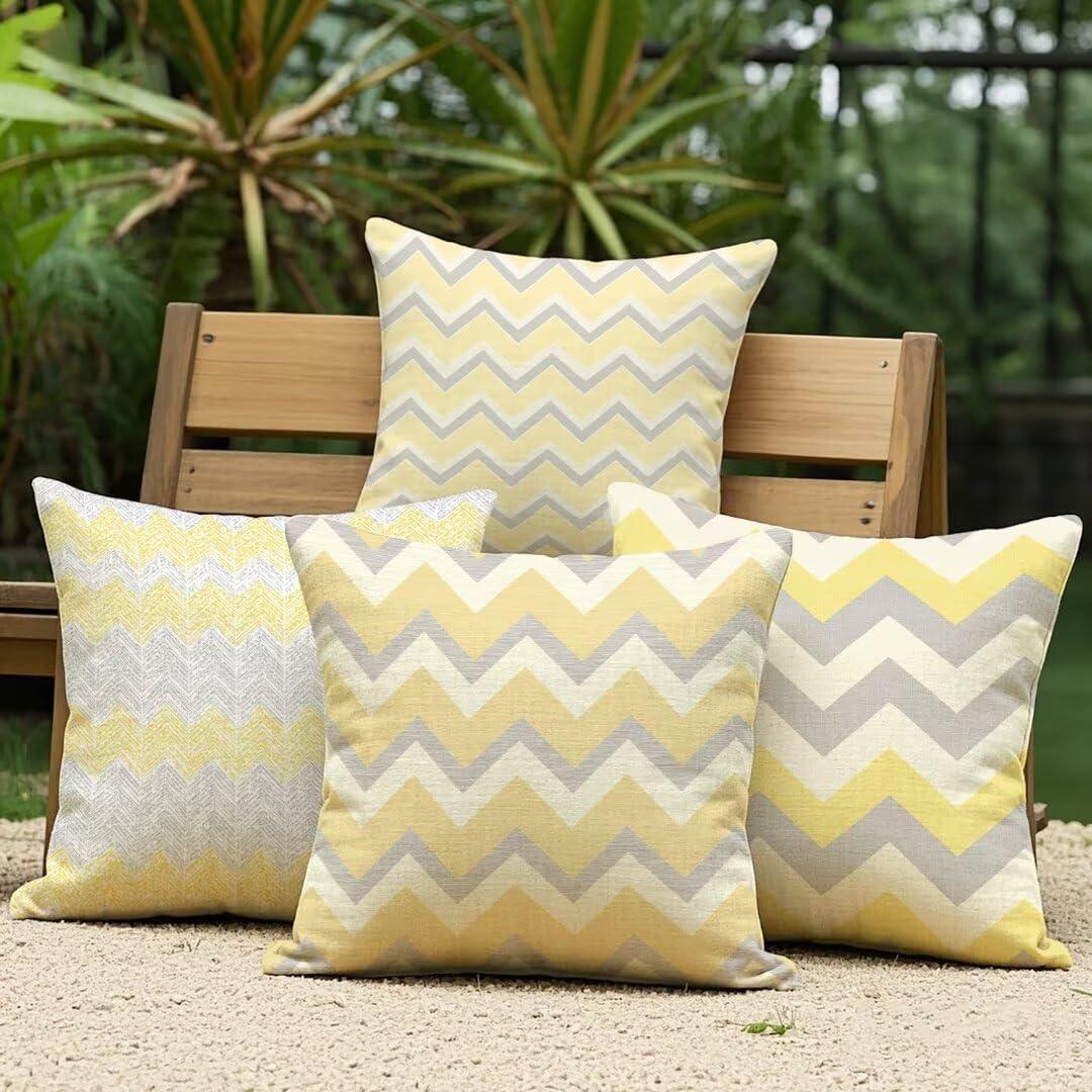 Lot de 4 Housse de Coussin 45x45cm,Housse de Canapé Jaune Motif Décoratif Imperméable Lin Taie d'oreiller avec Fermeture Éclair Invisible,Salon Chambre à Coucher Décoration de Maison,Géométrie Ym255
