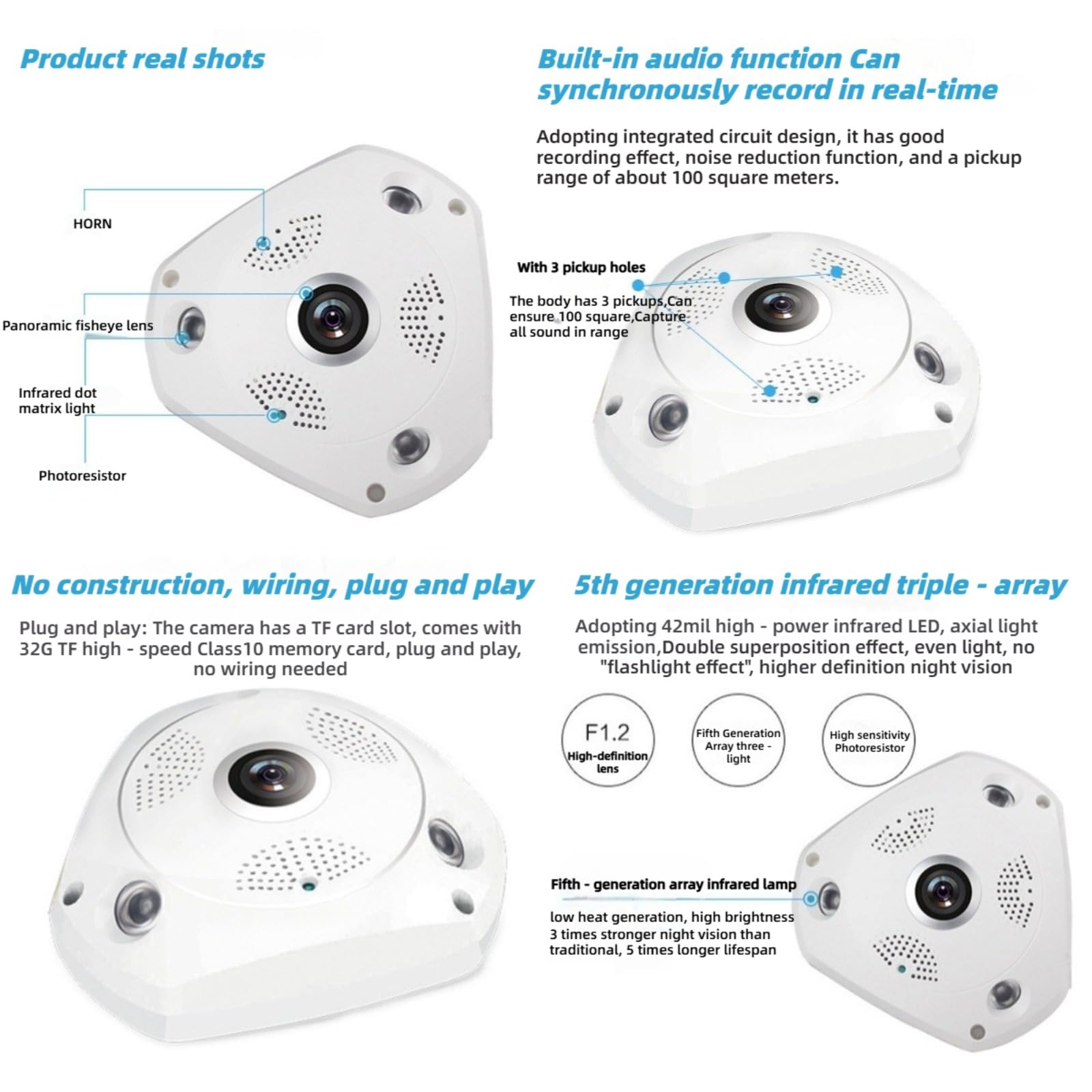 Telecamera di sicurezza fisheye panoramica a 360°, telecamera IP WiFi HD 1280x960, visione notturna, rilevamento del movimento, audio a 2 vie, vista remota, telecamera di sorveglianza interna per casa