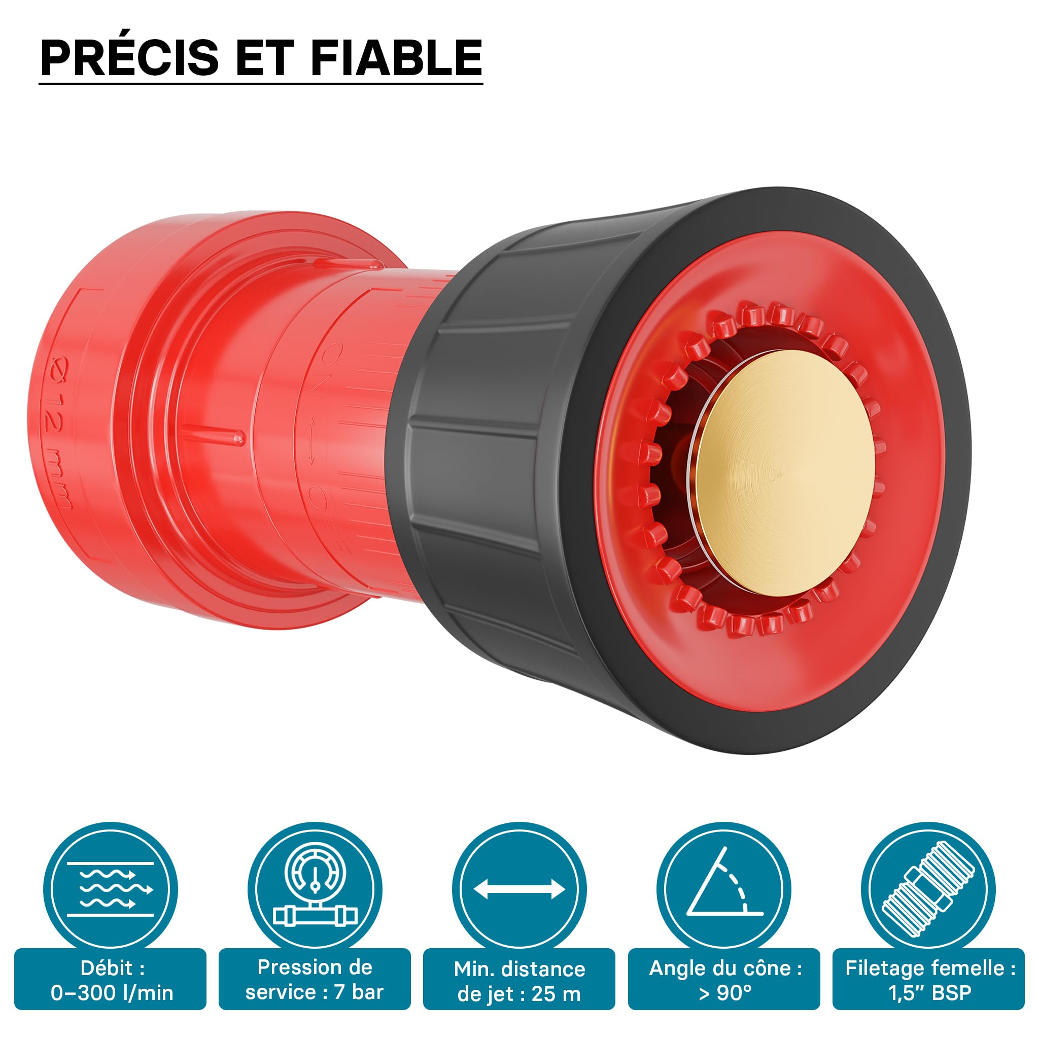Wiltec Buse de lance d'incendie – 128 x 70 x 70 mm / 1,5" – 7 bar à 0-250 l/min, max. 300 l/min – Bec de tuyau d'incendie à petit jet – matériel de Lutte contre l'incendie Sapeurs pompiers, Chantiers
