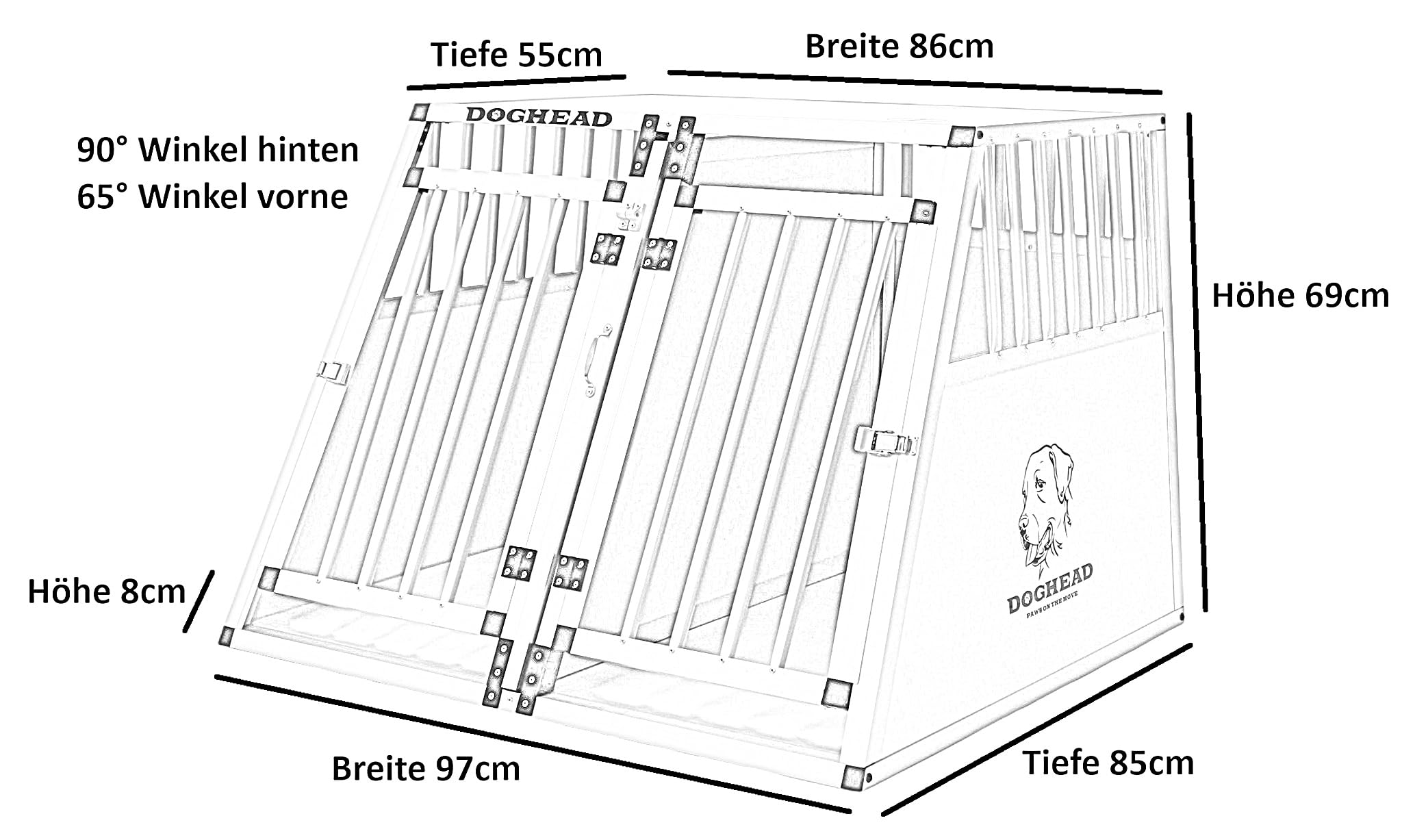 DOGHEAD Hundetransportbox Comfort, Double 97x85x69 cm EG, Schwarz, Aluminium, Vorne 65° Grad Winkel abgeschrägt, hinten 90° Grad (gerade), Trennwand mit Griff, Keine Kombibox