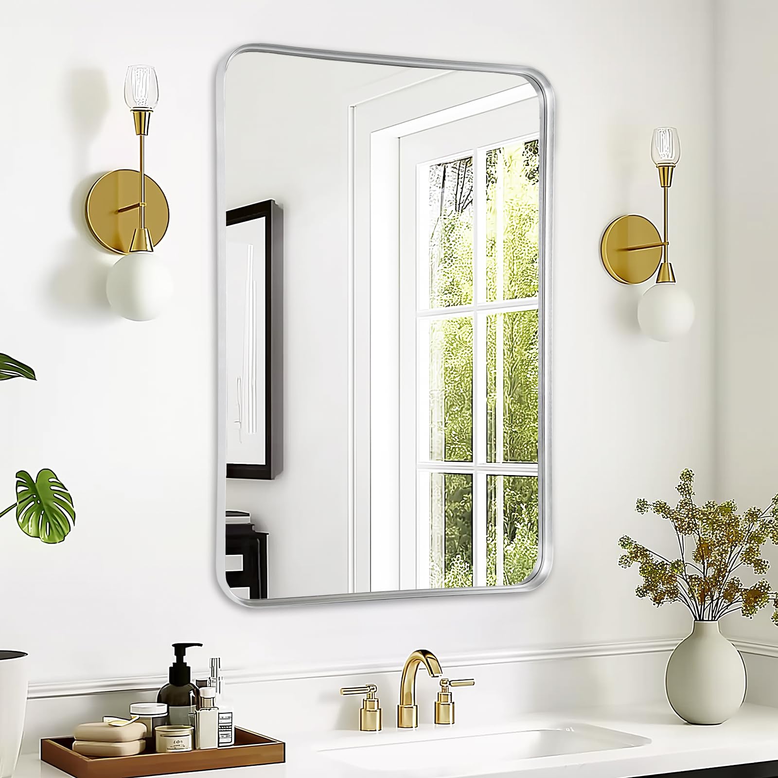 Bathroom Mirror Wall - 24x36 Inch Silver Framed Rectangular Mirror for Bathroom Over Sink, Brushed Metal Frame Mirror for Restroom, Entryway