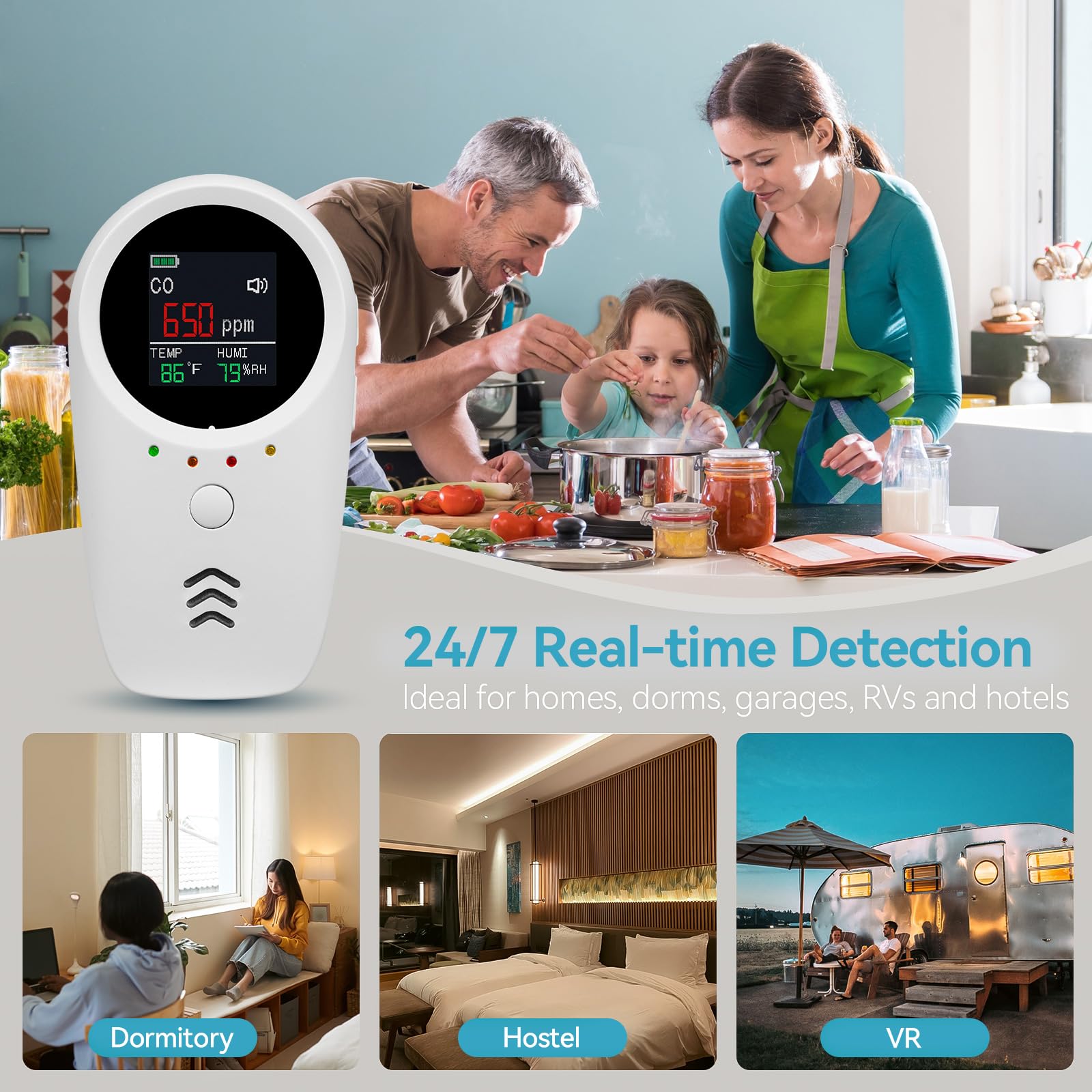 5-in-1 Carbon Monoxide Detectors,Plug-in Gas Detector with Rechargeable Backup Battery,Monitoring CO Natural Gas Temperature and Humidity Sound Light Alarm Detector,LCD Screen Brightness Adjustable — view 9