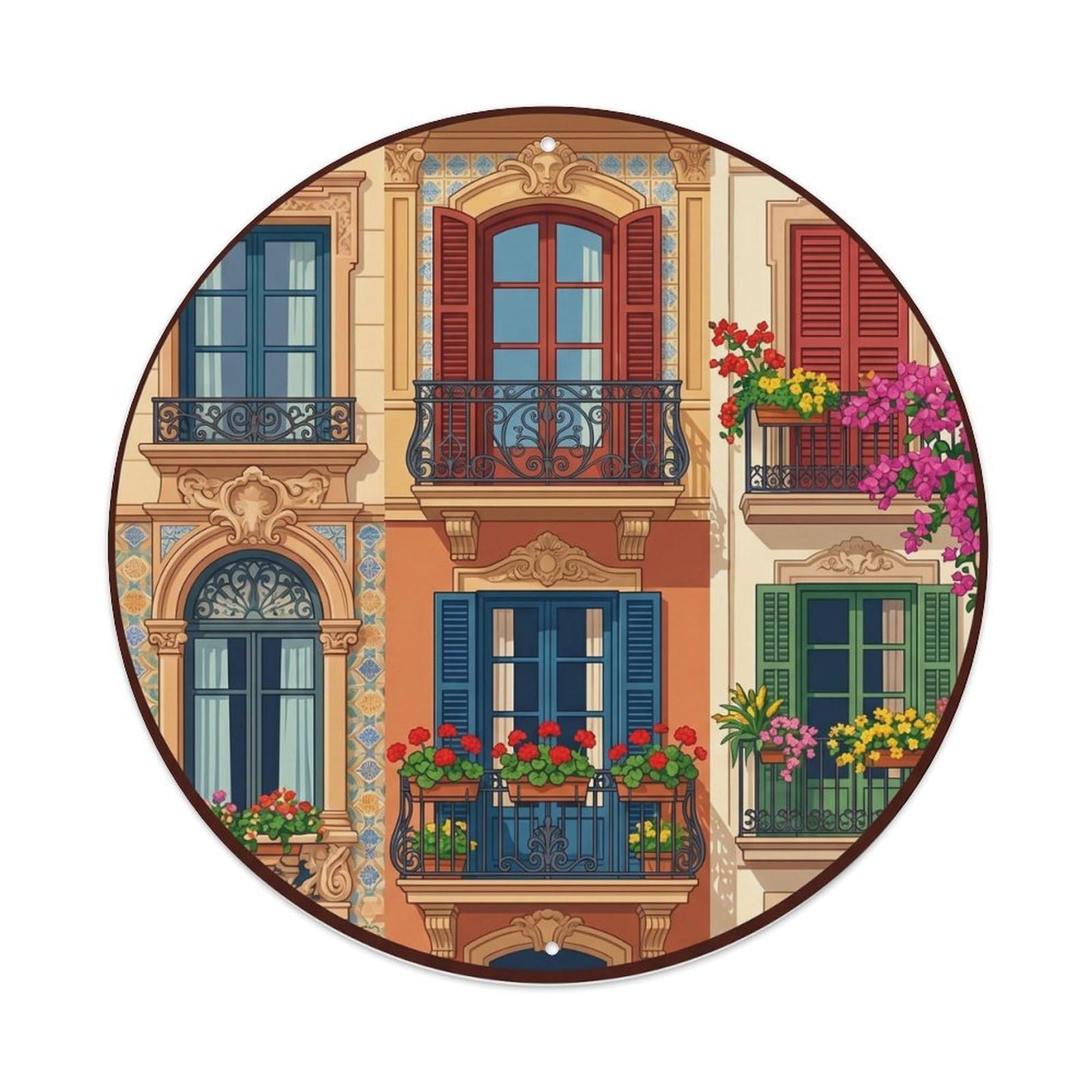 Barcelona Spanish Landmark Window Building City Europe Metal Tin Sign Plaque Wall Decor for Cafe, Man Cave, Club Bar, Office, Home Garden Round Metal Poster 8x8Inch
