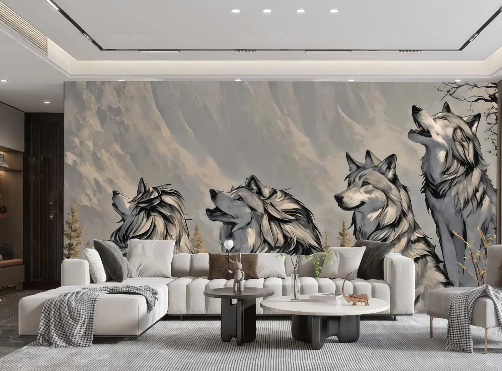 Papier peint moderne 3D loup : résolvez le vide de vos grands murs de salon et bureau