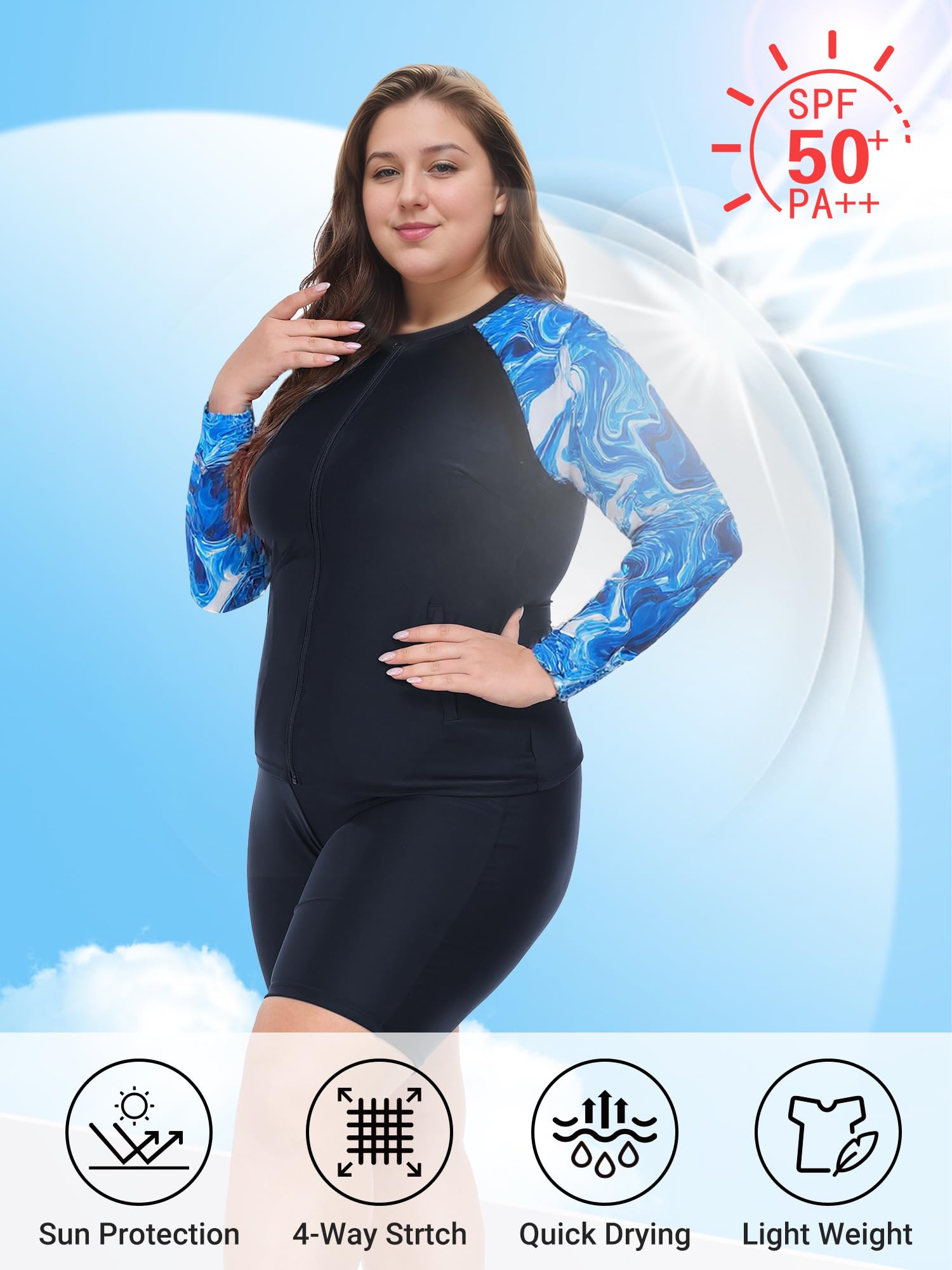 Owntop Damen Übergröße Rash Guard | 2-Teilige UPF 50+ Badeshirt | Langarm Reißverschluss Rashguard-Shirts & Hochtaillierte Boyshorts | Schnelltrocknend Badebekleidung Badeanzüge | Schwimmen Surfen