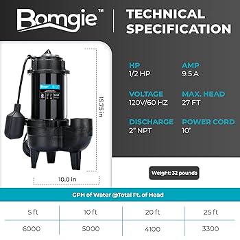 Amazon | BOMGIE 1/2 HP下水/排水ポンプ、6000 GPH 水中地下下水