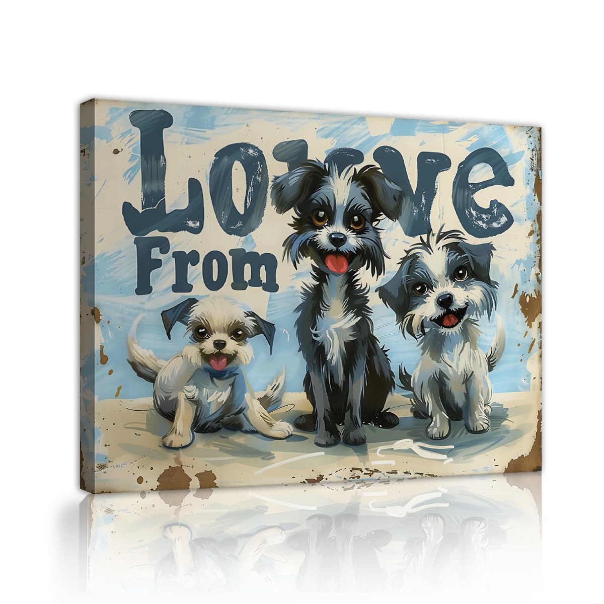 YUNART Vintage Dog Canvas Wall Art Cute Scruffy Puppies Print Retro Blue Doodle Paint Splatter Wall Decor for Living Room Home Decor 70x90cm Innerframe