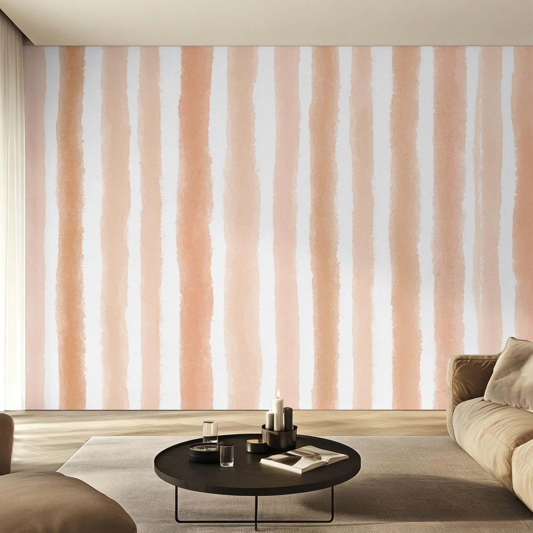 Papier peint rayures orange blanc intissé pour masquer les imperfections du mur salon