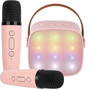YOHIA Mini Karaoke Machine for Kids, Portable Bluetooth Speaker with 2 Wireless Microphone for Adults with Led Lights, Karaoke Gifts for Girls and Boys Birthday Home Party(Pinkcolor)
