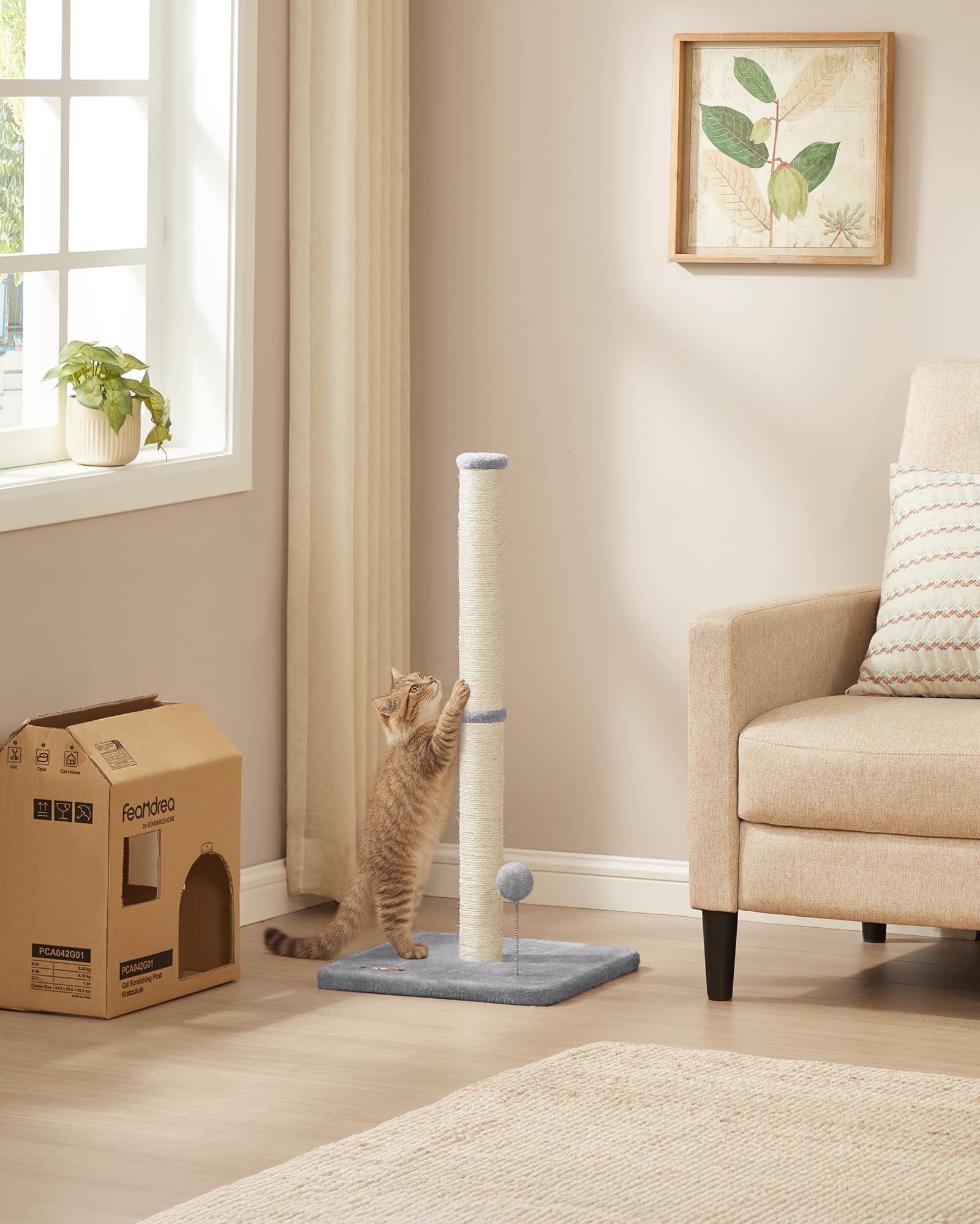 Feandrea Griffoir, 85 cm de haut, colonne à gratter, arbre à chat, tronc à gratter pour chatons et chats adultes normaux, tronc en sisal, avec balle en peluche et cloche, gris pigeon PCA040G01