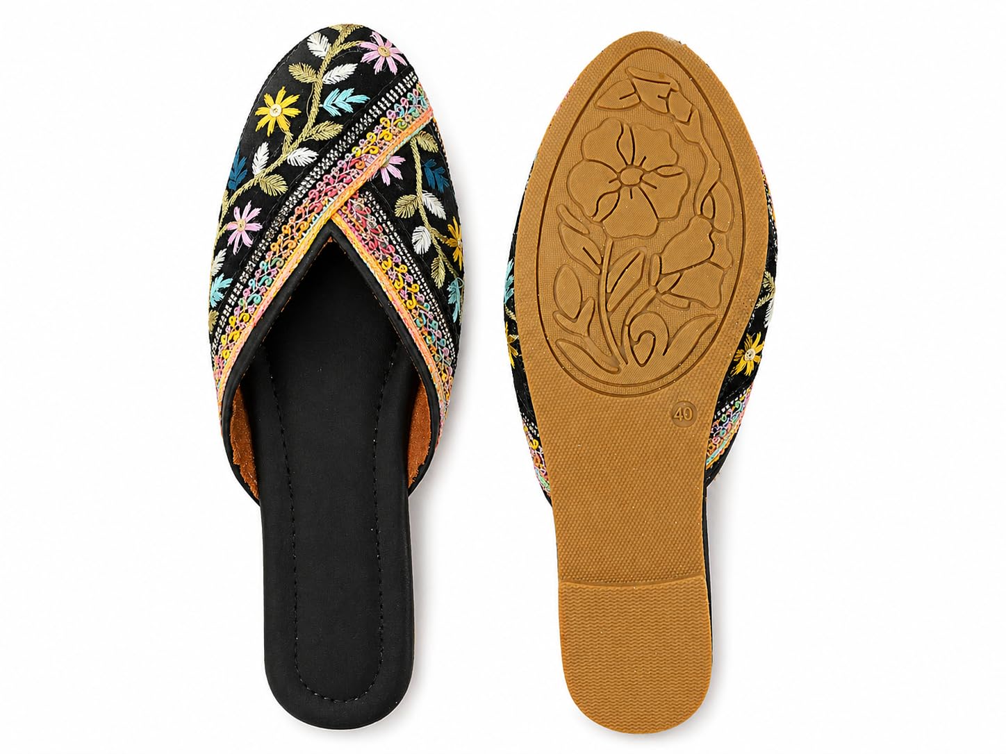 Black Floral Embroidered Designer Jutti Flats for Women | Traditional Ethnic Slip-On Footwear | Comfortable Casual & Mule Shoes for Daily Use and Parties-image-1