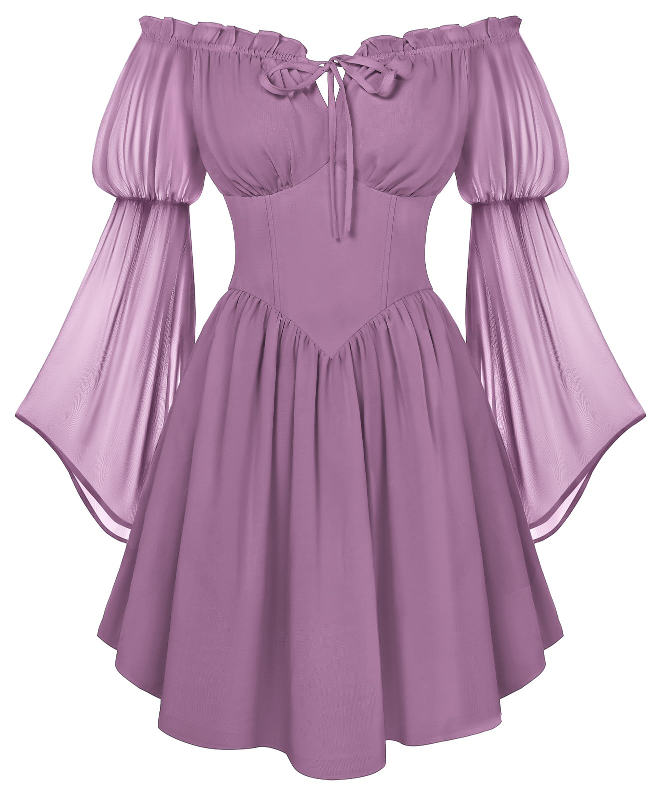 SCARLET DARKNESS Damen Renaissance Sommerkleid Schulterfrei Lace-up Korsett Kleid Chiffon Langarm Minikleid