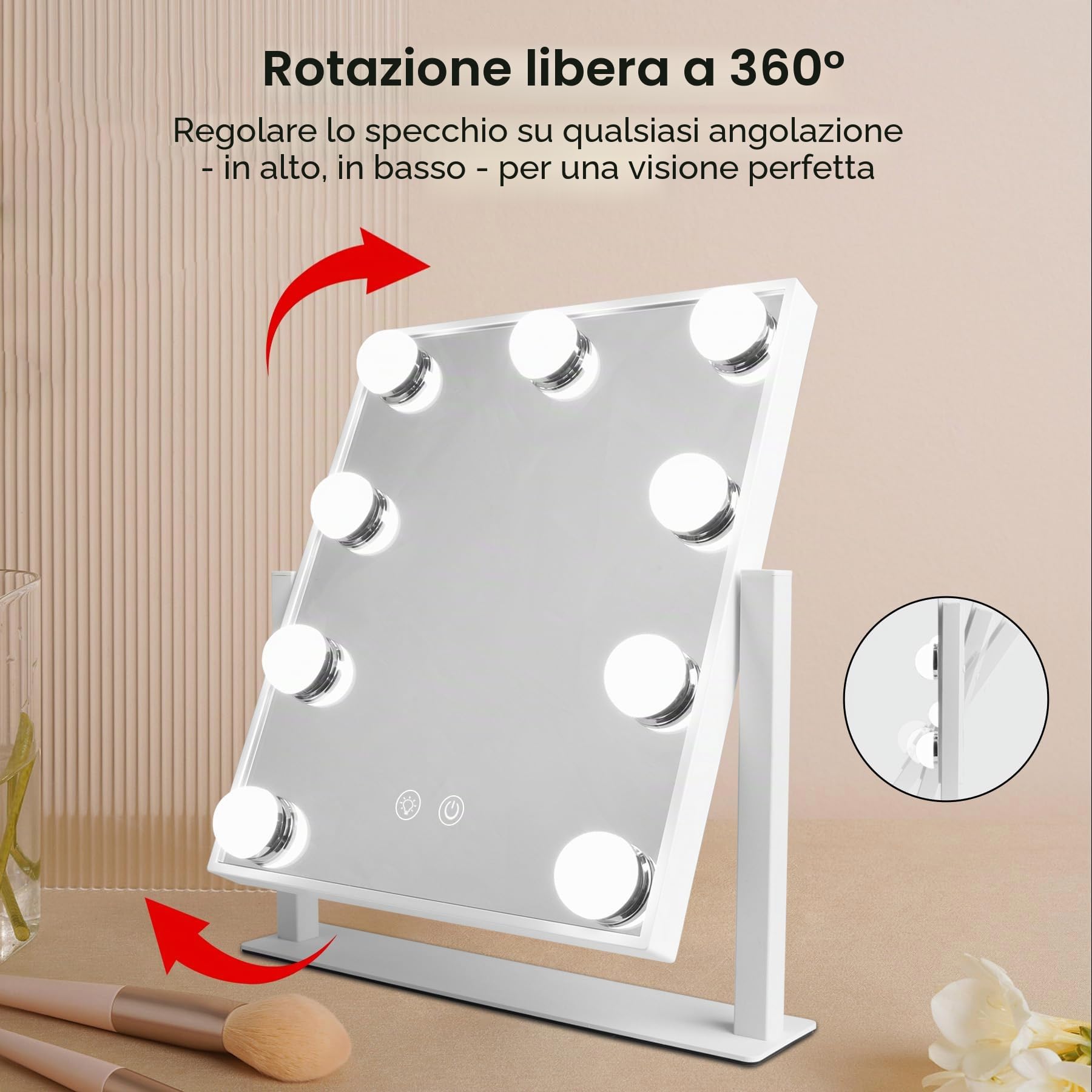 Specchio Trucco con Illuminazione Hollywood,Dimmerabile,3000K/6000K,per Tavolo da Trucco,300x250mm, Bianco