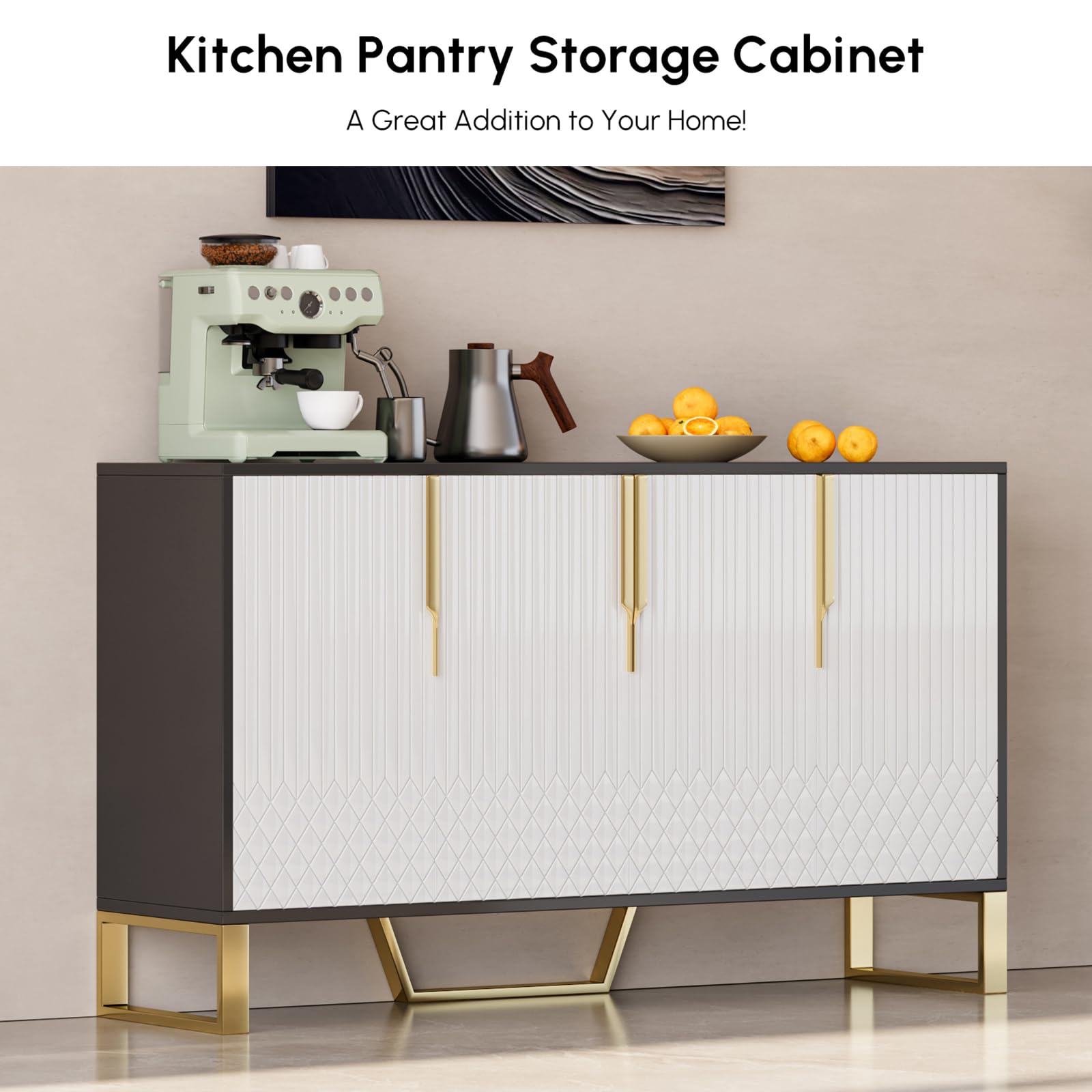 Homary Sideboard-Buffettisch, 150 cm, Küchenschrank, Stabiler Edelstahl Und Holzwerkstoff, 4-türig, 6 Ablagen, Moderner Organizer in Weiß/Schwarz