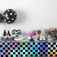 Vista 6 de 3 paquetes de mantel de plástico a cuadros negro y iridiscente, cubiertas de mesa rectangulares brillantes desechables con láser, mantel holográfico