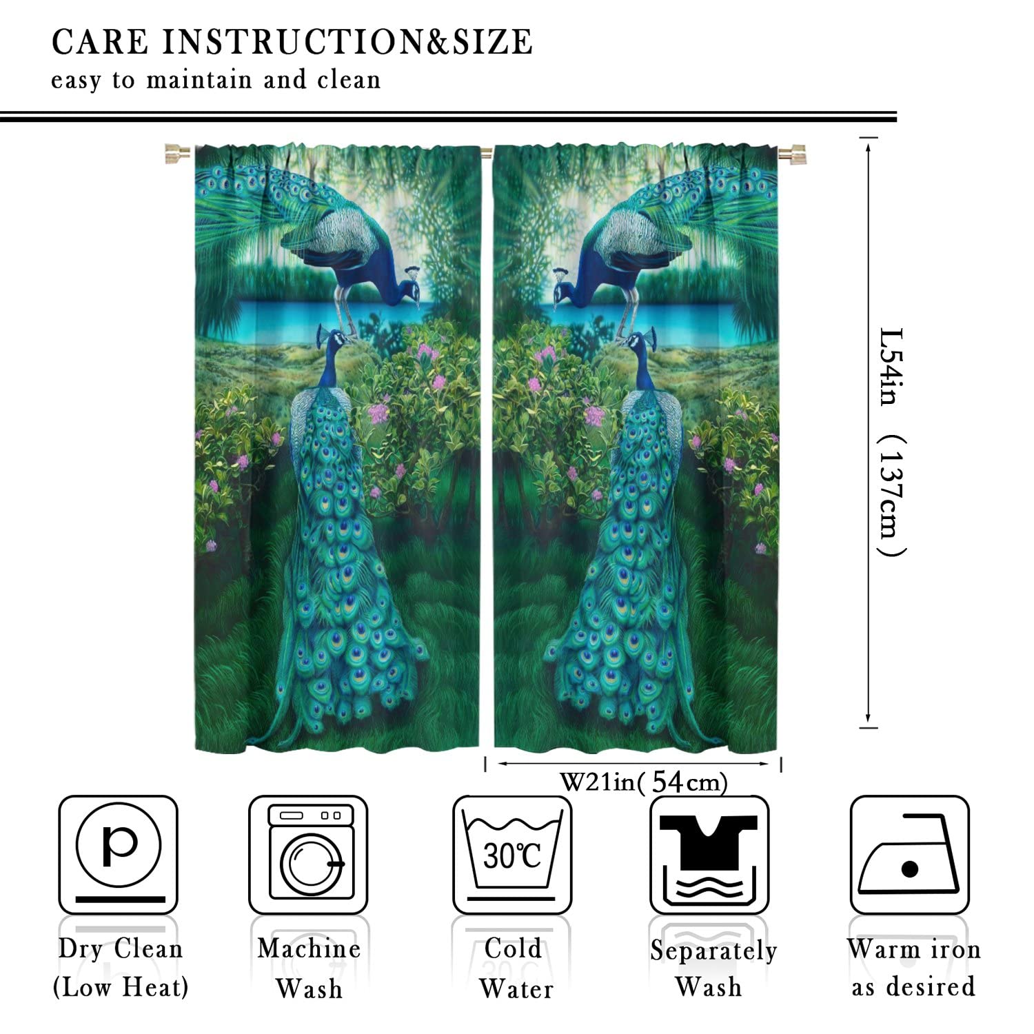 Peacock Blackout Curtain,Retro Animal Window Drapes Green Garden Peacock Rod Pocket Curtain for Living Room Kids Room Girls Boys Nursery Bedroom Decor,Total Size of The 2 Panels is 42x54in