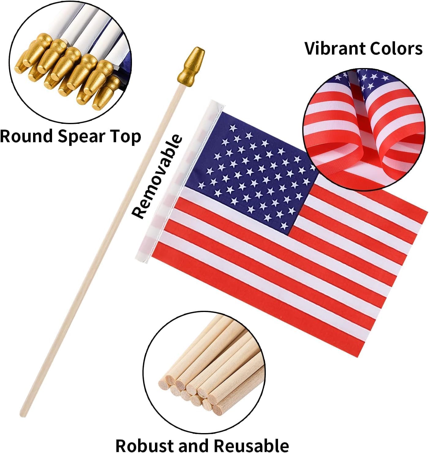 Small American Flags on Stick: 100 Pcs 5.5x8 Inches Small US Flags Bulk Wooden Stick Handheld, Mini American Flags for Outside, Presidents Day, Veterans Day Patriotic Decoration
