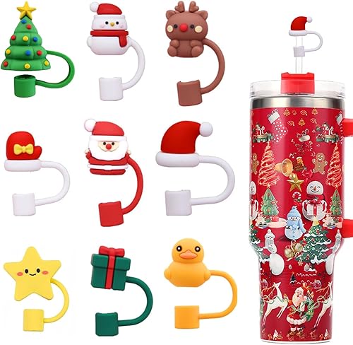 Tapones de paja de Navidad, paquete de 9 bonitos adornos de paja de silicona para Stanley de 30 y 40 onzas con asa, puntas de popote para popotes de