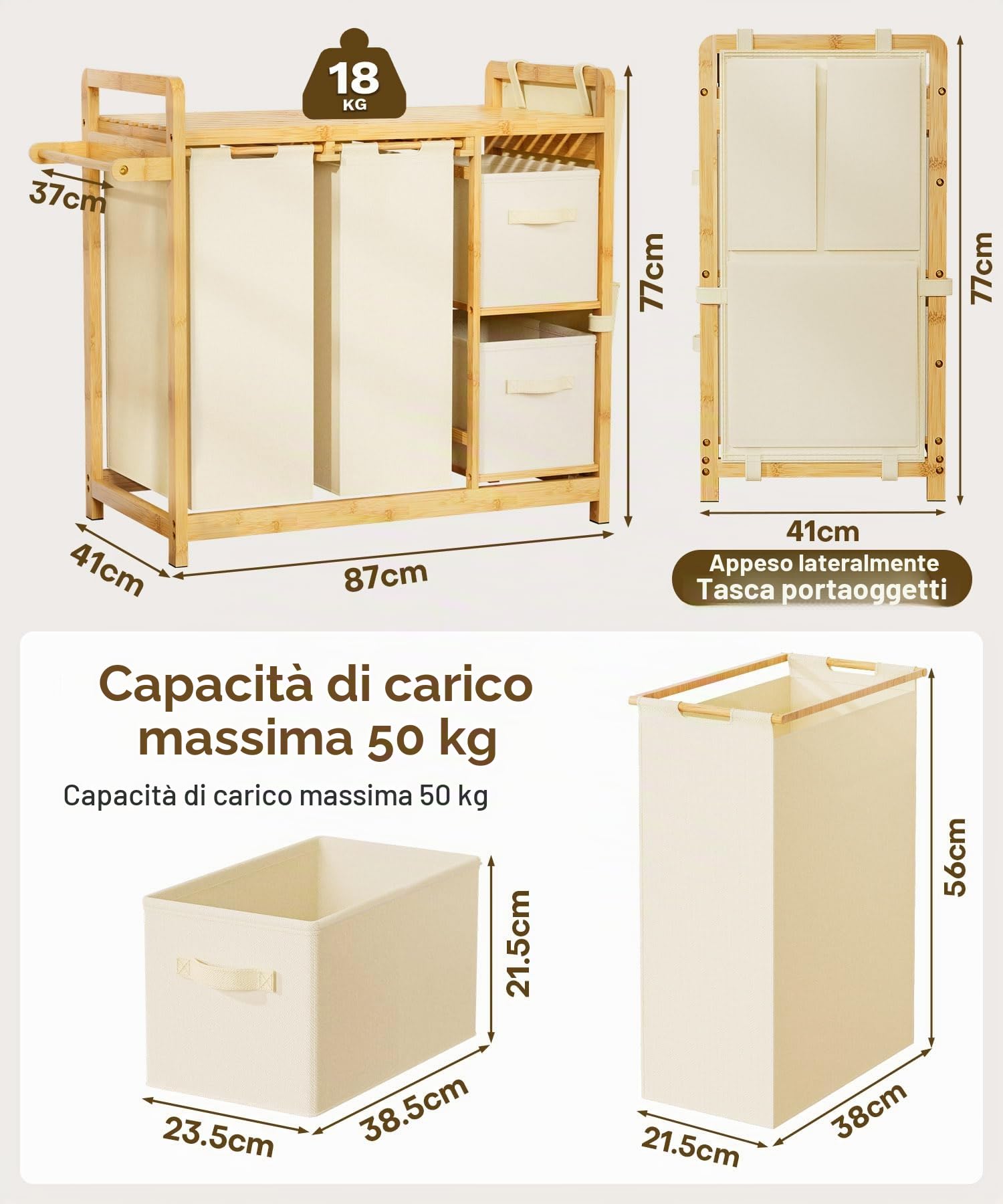 Yorbay Cesto portabiancheria a 3 scomparti, in bambù, 140 l, con ripiano, porta asciugamani e piccole tasche laterali, per bagno, camera da letto e lavanderia, 87 x 41 x 77 cm, beige