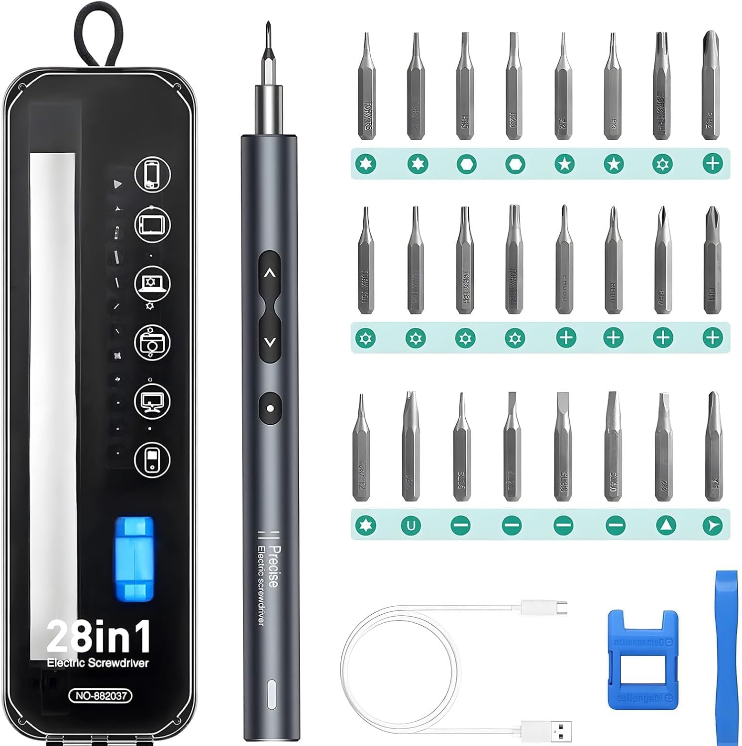Electric Screwdriver Set, 28 in 1 Mini Power Precision Cordless Screwdriver with 24 Bits 3 LED Lights, Rechargeable Repair Tool Kit with Magnetizer for PC Glasses Laptop Phone Watch
