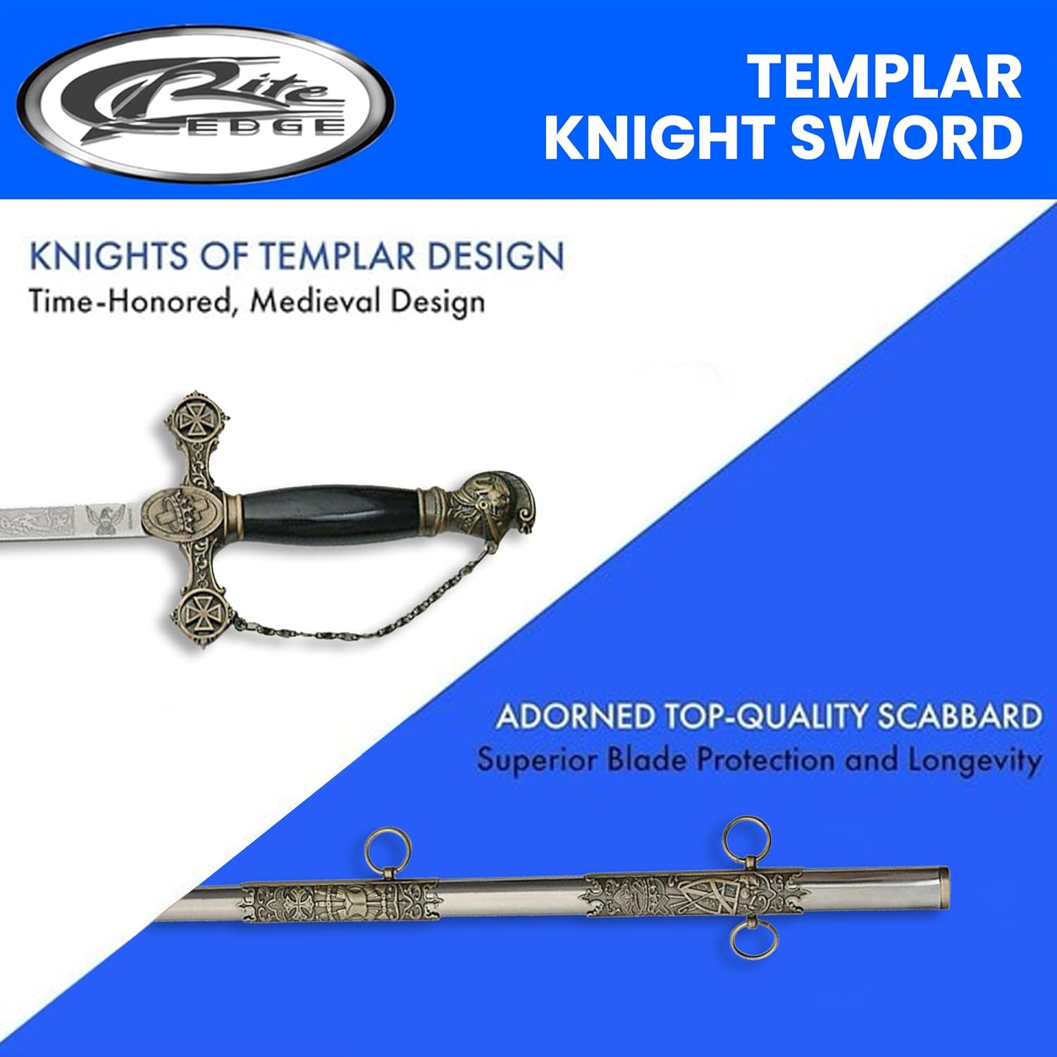 SZCO 37" Templar Knight Sword – Medieval Crusader Real Sword Look with Etched Stainless Steel Blade, Brass Guard & Pommel, and Ornate Metal Scabbard for Collectors, Cosplay & Swords for Men - Image 7