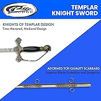 Vista 6 de SZCO Espada de caballero templario de 37 pulgadas, aspecto de espada real medieval con hoja de acero inoxidable grabada, protector y pompa de latón