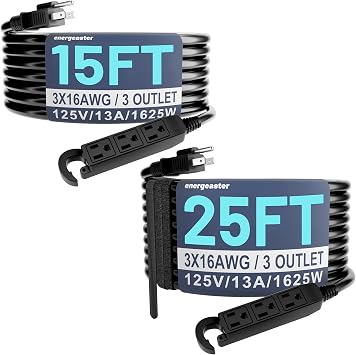 16/3 15 Ft & 25 Ft 3 Outlet Extension Cord Outdoor Waterproof, Black Extension Cords with Multiple Outlets, 3 Prong with Multi Outlet Outside 13A 1625W 16AWG, ETL Listed