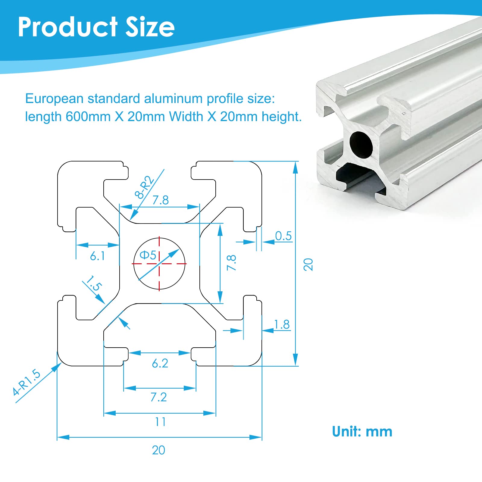 Condition photo showing New/Like New for 4 pcs 23.6inch t slot 2020 aluminum extrusion european standard silver 600mmextruded aluminum anodized linear rail high strength guide frame for 3d printer parts and cnc diy workbench