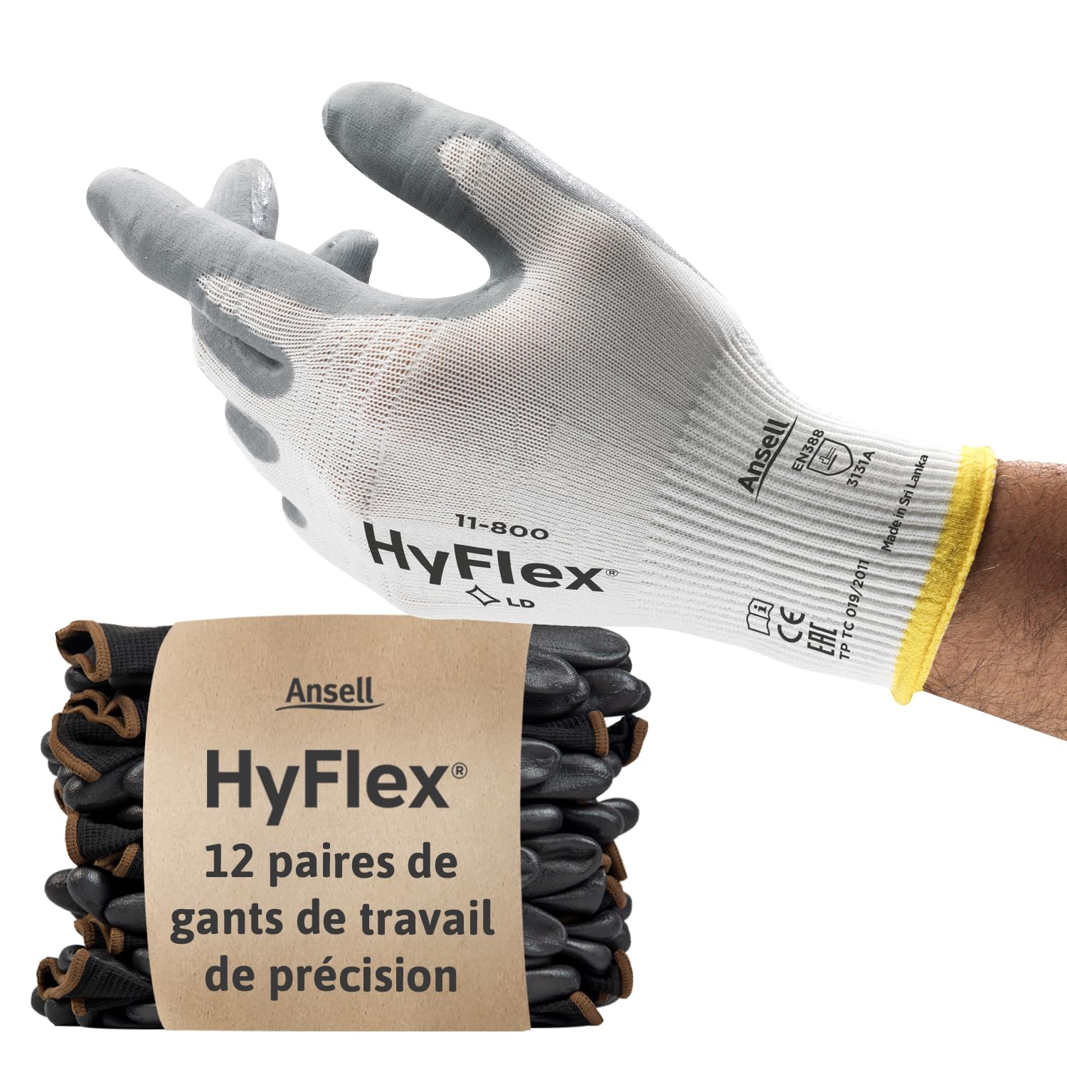 Ansell HyFlex 11-800 Gants de Travail Professionnels, Enduction Nitrile Résistante à l'Abrasion, Protection Industrielle Multiusage, Manutention et Mécanique, Blanc, Taille L (12 Paires)