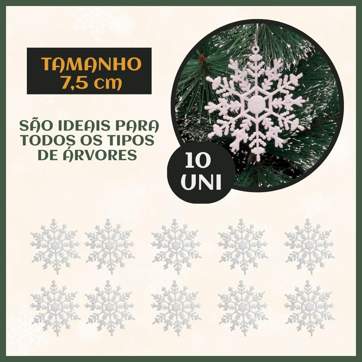 Flocos De Neve Branco 10 Pendentes Grande C/Glitter Decoração Enfeite Árvore Natal