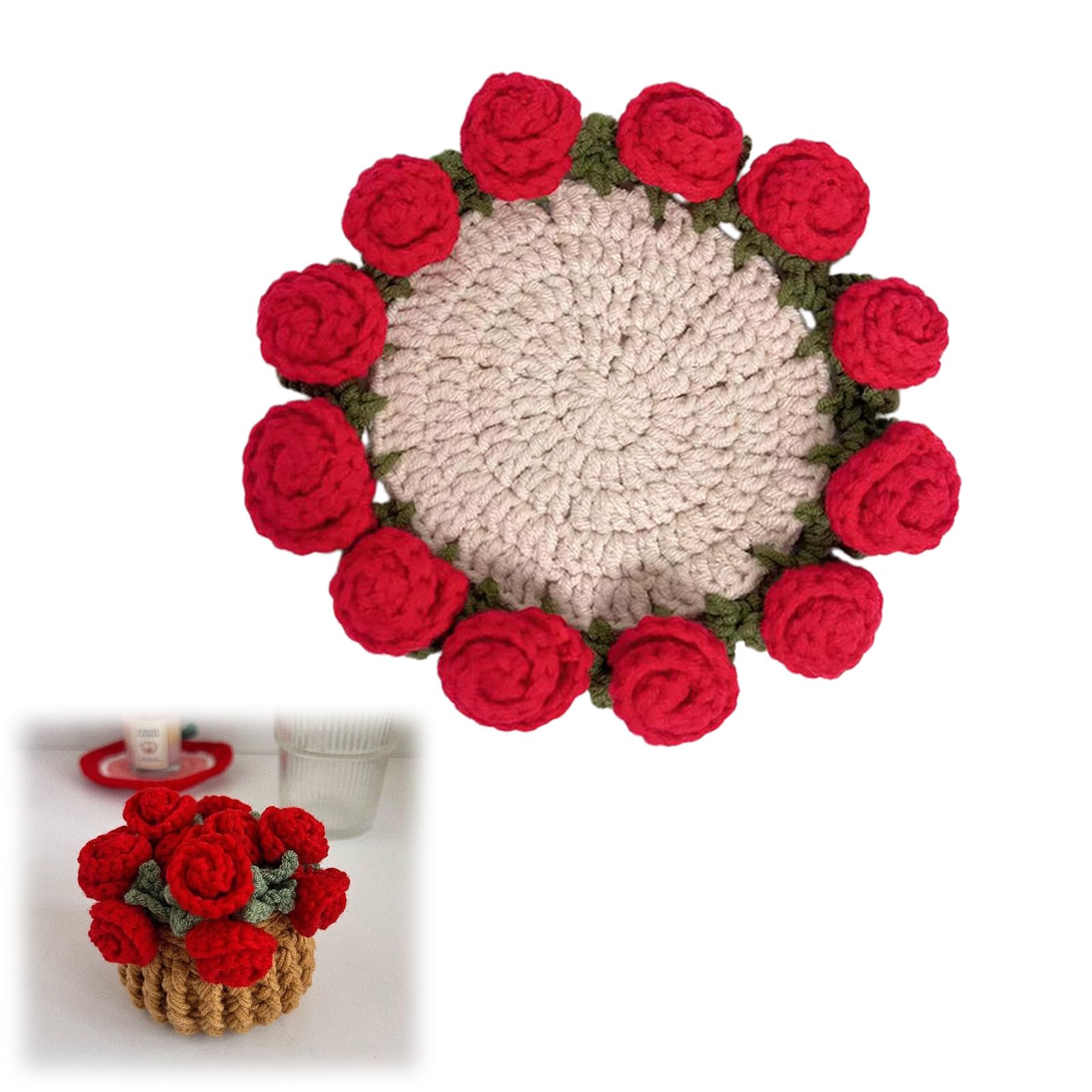 Crochet Coasters with 3D Rose and Flower Pots Lovely Decorative Accessories Warm Insulation Placemat Lover ' s Day Present