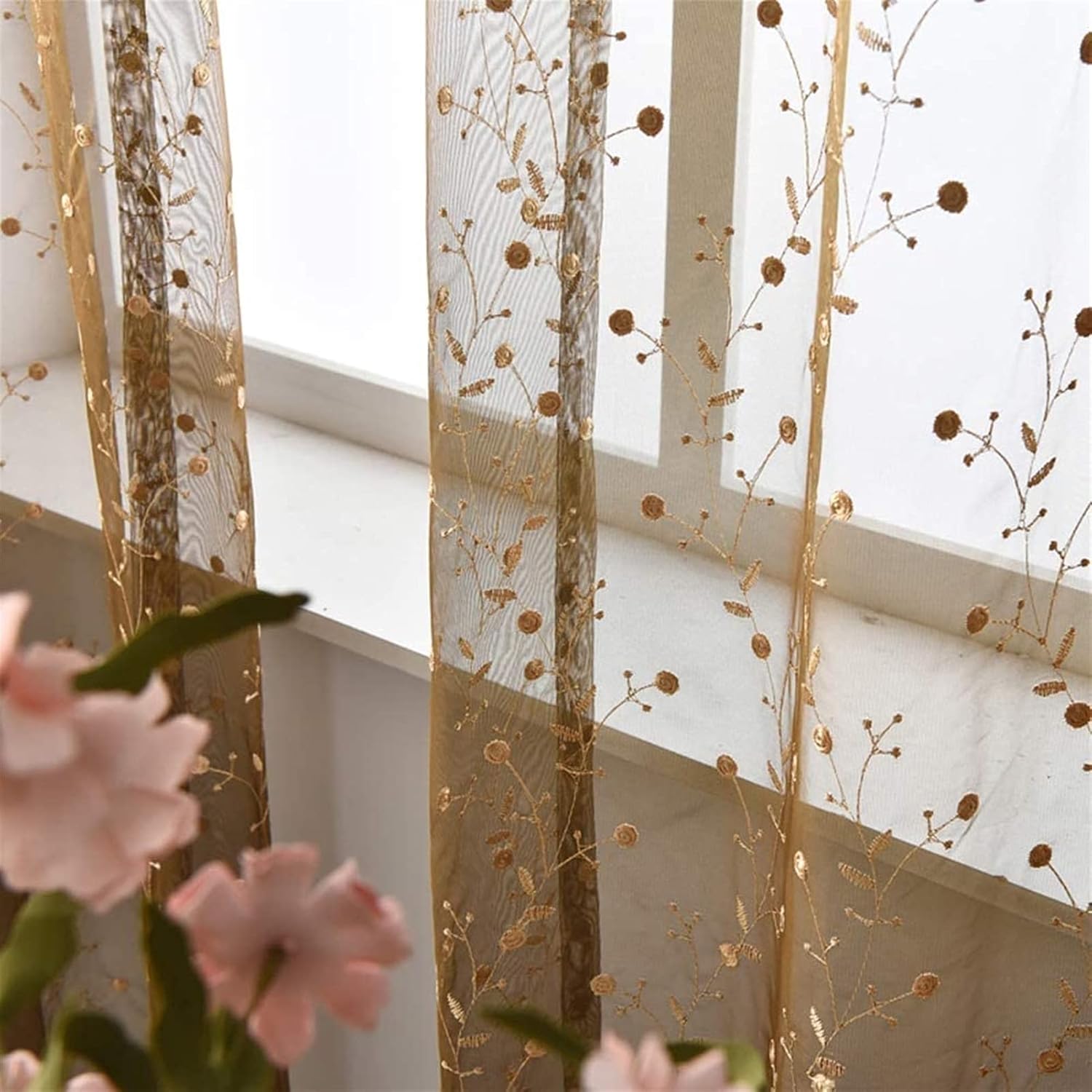 Embroidered Semi Blackout Curtains, Voile Hook Up Curtain for Bedroom Living Room Window Drapes Modern Panels 1 Pc (Color : Brown, Size : W200*H270cm)