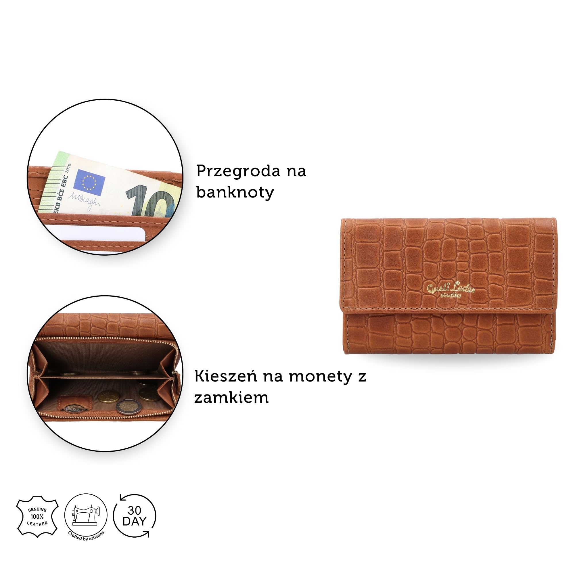 Gusti Skórzany portfel damski Gloria – portfel z dużą ilością miejsca, ochrona RFID, nowoczesny design, trwały, pomysł na prezent, portfel na co dzień i w podróży, brązowy