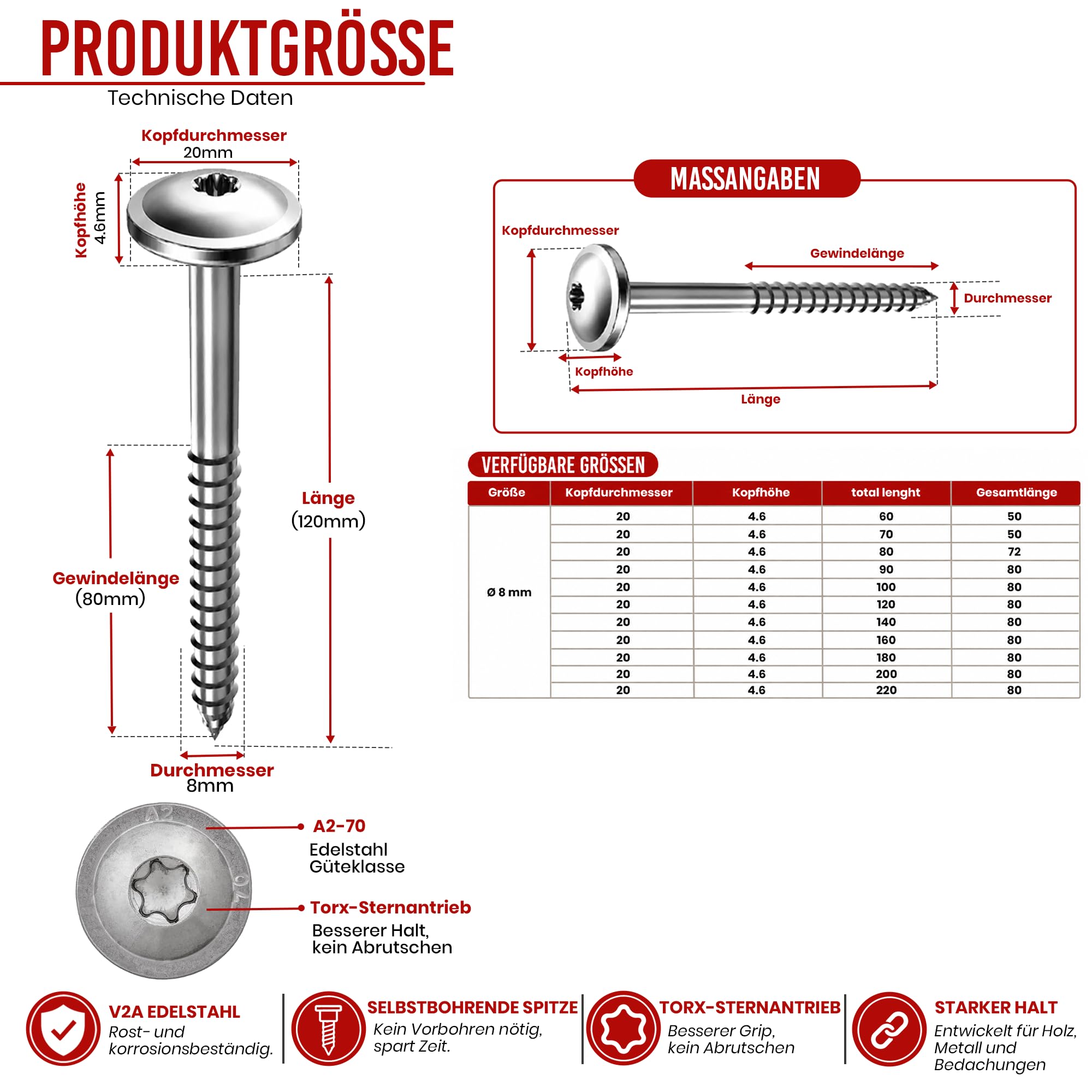 Tornillo de cabeza de disco de acero inoxidable A2 ETA 8 x 120 TX40 Torx para construcción de madera, V2A, para construcción de madera, pérgola, viga, 200 unidades