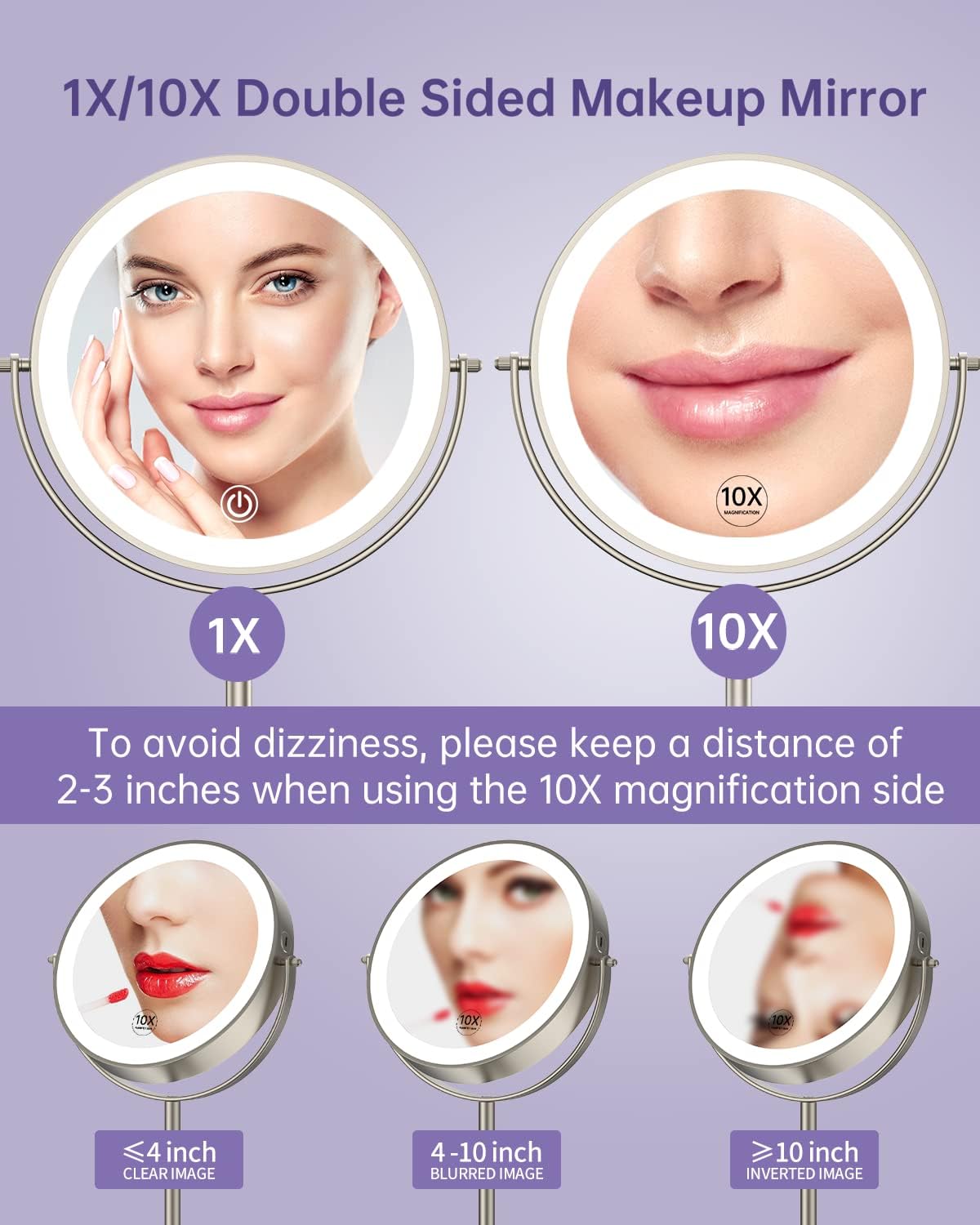 Gospire 8" Lighted Makeup Mirror with Magnification 10X/1X, 3 Color Lights & Dimmable Lighting, 360° Rotation Double Sided Rechargeable Cordless Vanity Cosmetic Standing LED Mirror for Makeup