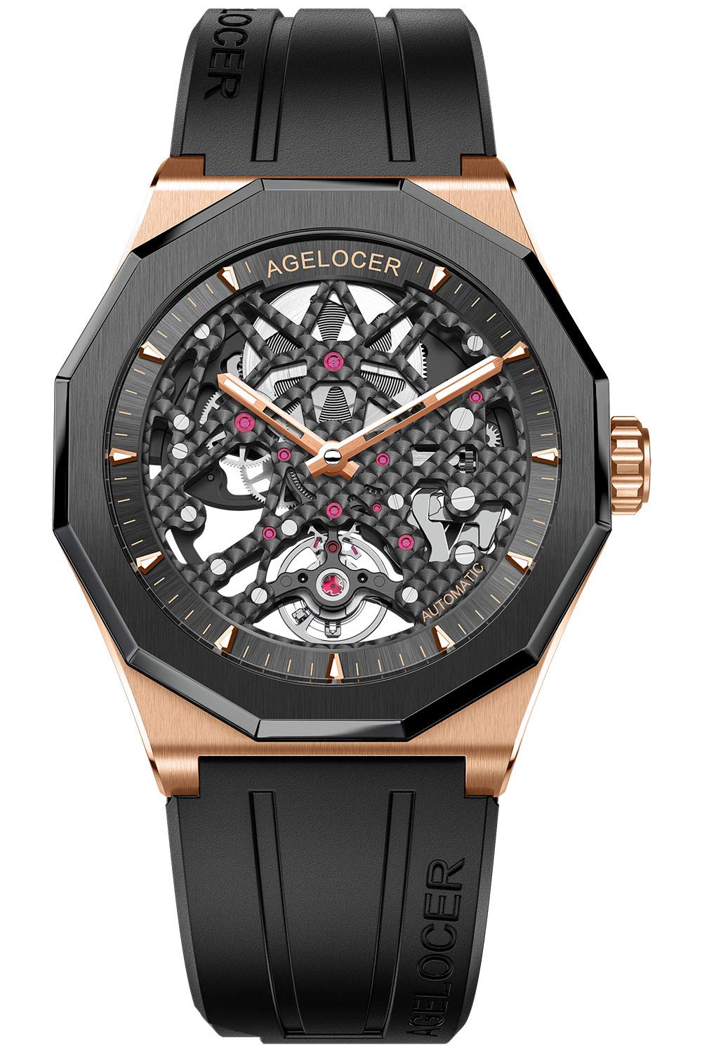 agelocer Herren-Armbanduhr, doppeltes Skelett, automatisch, mechanisch, 41 mm Keramik-Lünette, 80 Stunden Gangreserve, leuchtend, Alligatorarmband/Gummiband, Business-Uhren für Herren, luxuriöses