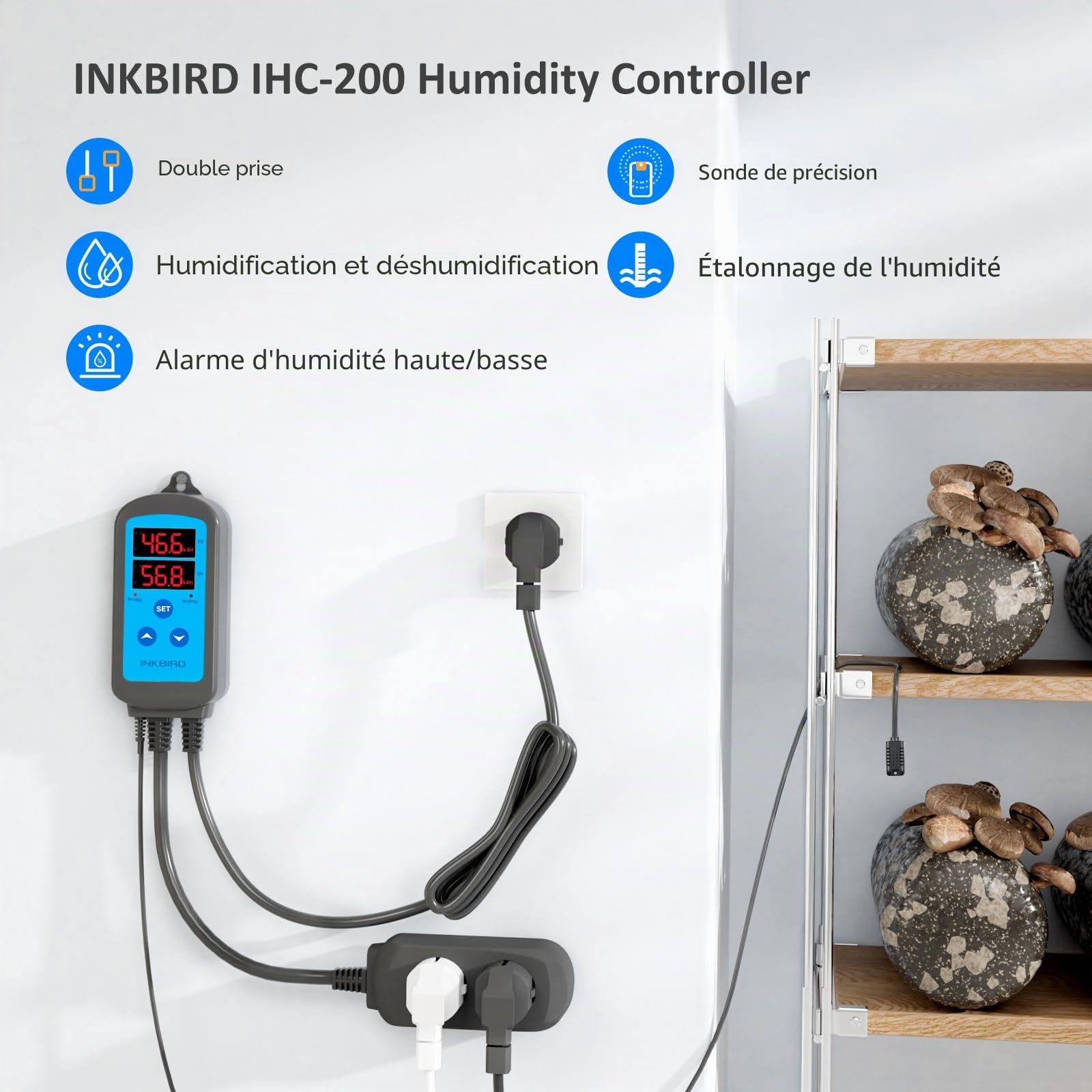 Inkbird Prise Hygrostat avec Sonde, Contrôleur Humidité pour Humidificateur Déshumidificateur Reptile Terrarium Serre Couveuse Incubateur