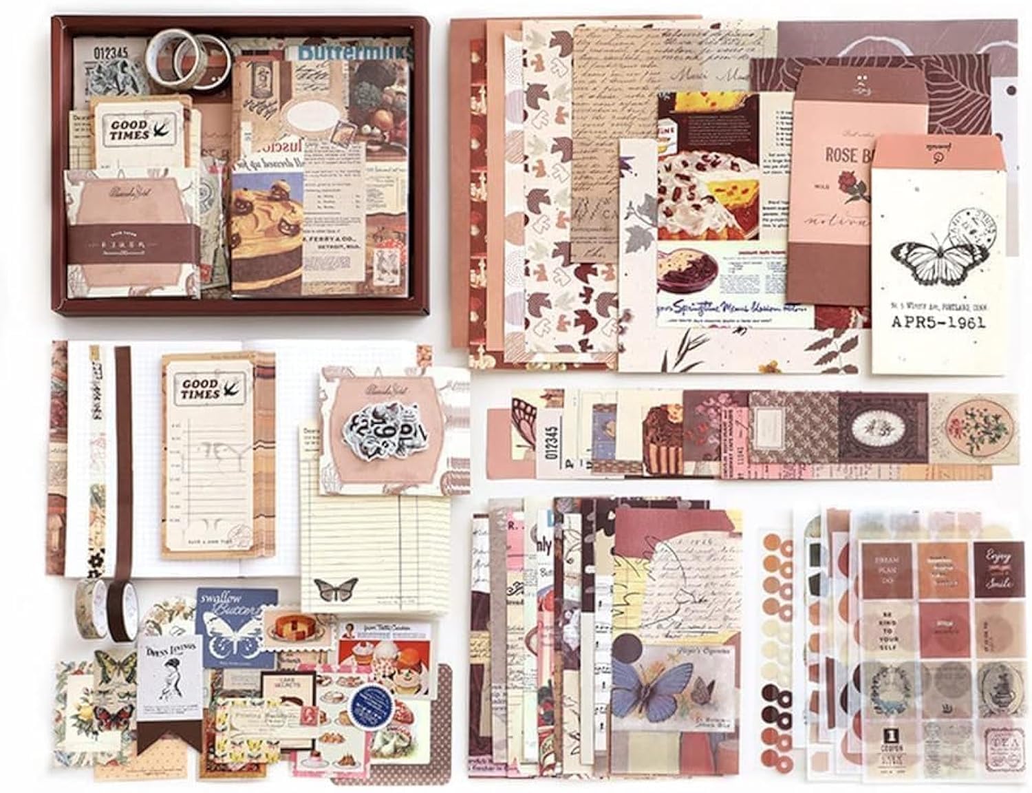 Tikwoork Aesthetic Scrapbook Kit, Bullet Junk Journal Kit with Journaling, Scrapbooking Supplies, Stationery, A6 Grid Notebook with Graph Ruled Pages DIY Scrapbook Gift (Brown)