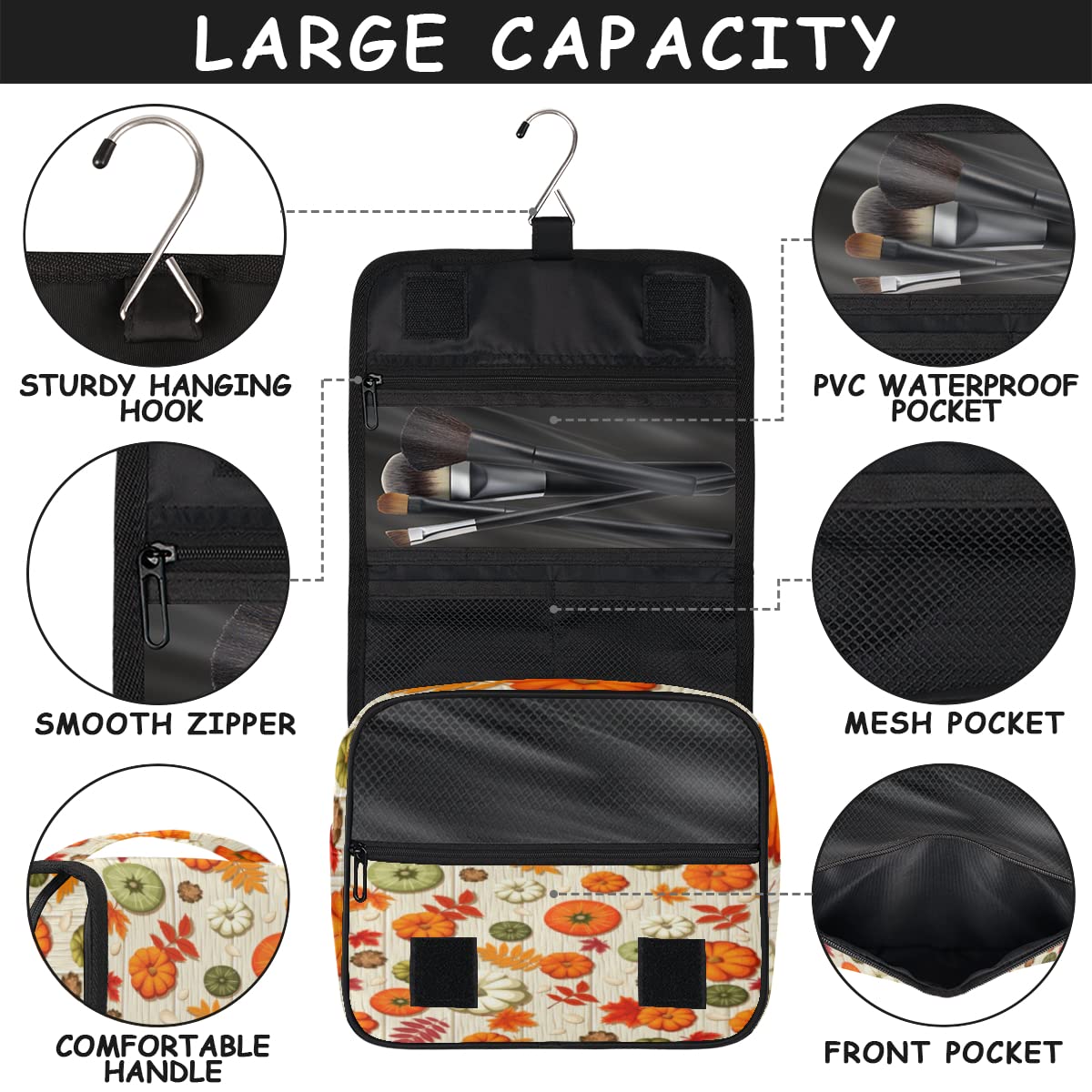 Święto Dziękczynienia Jesień Podróżna Kosmetyczka Jesień Dynie Mycie Torba Unisex Wiszące przybory toaletowe Kosmetyczka Organizer do makijażu, wielobarwny, Jeden rozmiar