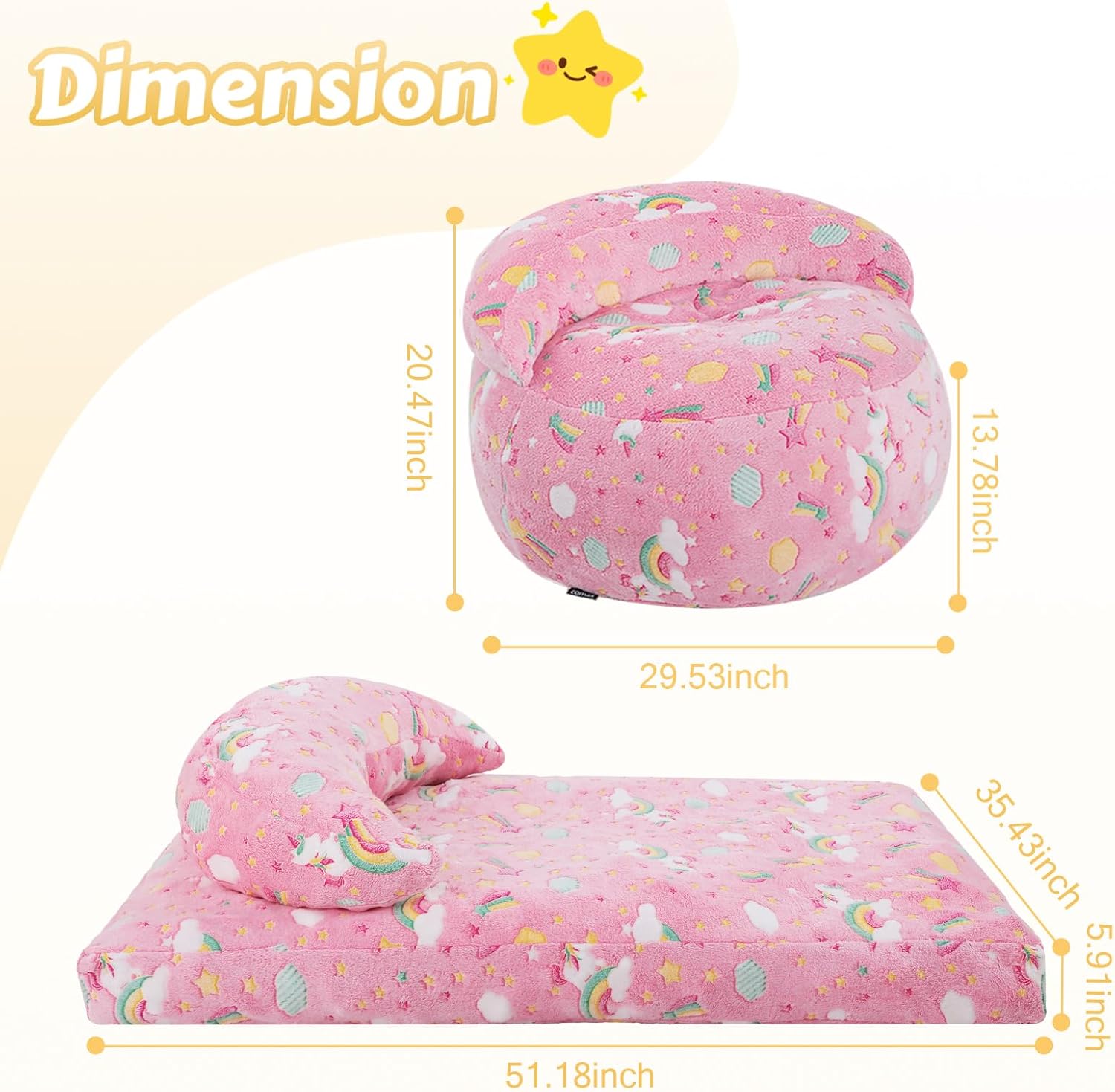 comax bean bag chair for kids, unicorn convertible toddler beanbag bed, children bean chair stuffed to floor mattress with filler, colorful unicorn colorful unicorn 29.5"dx29.5"wx20.5"h