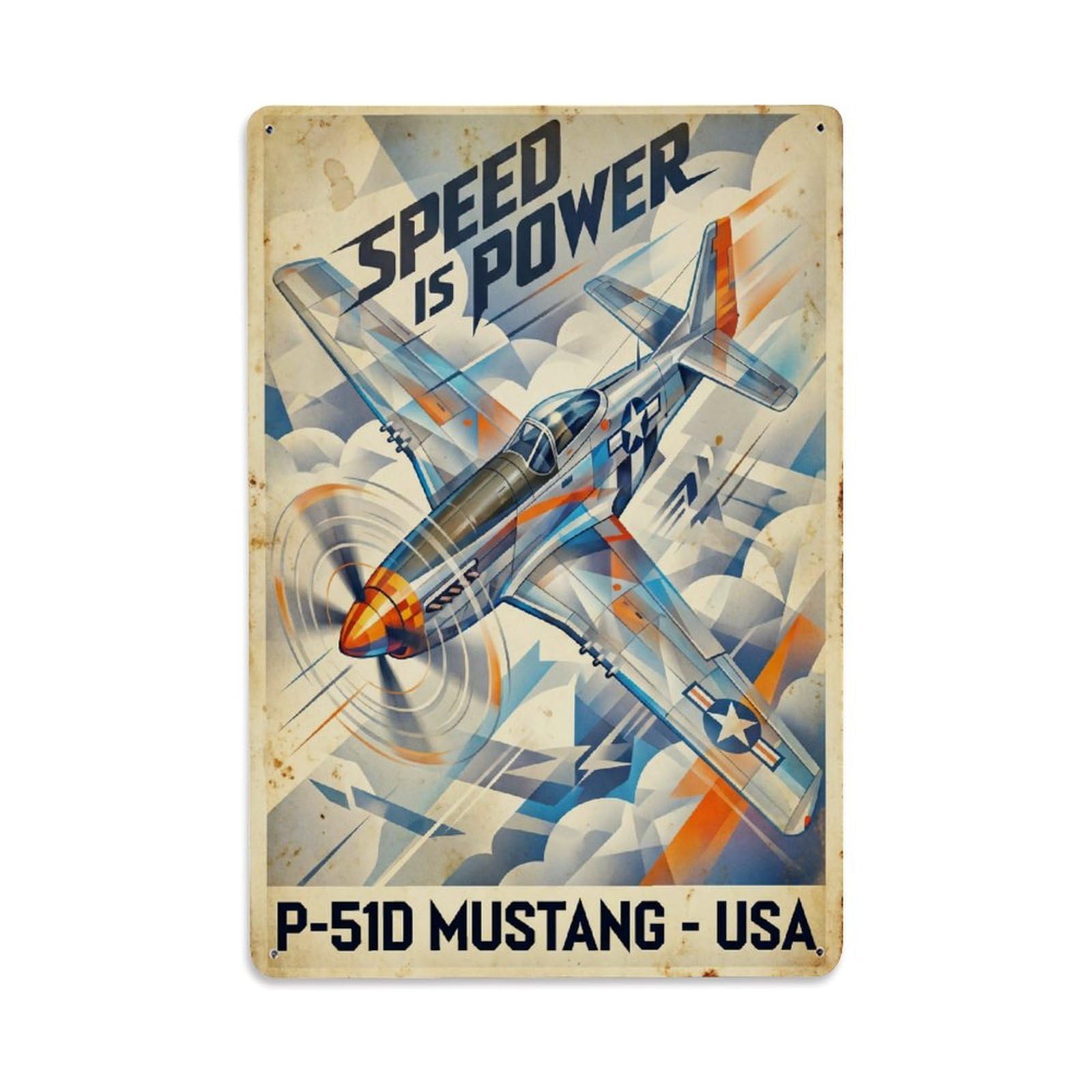 Futurist Speed P-51D Mustang Military Aviation Metal Tin Sign Plaque Wall Decor for Cafe, Man Cave, Club Bar, Office, Home Garden Round Metal Poster 8x12Inch