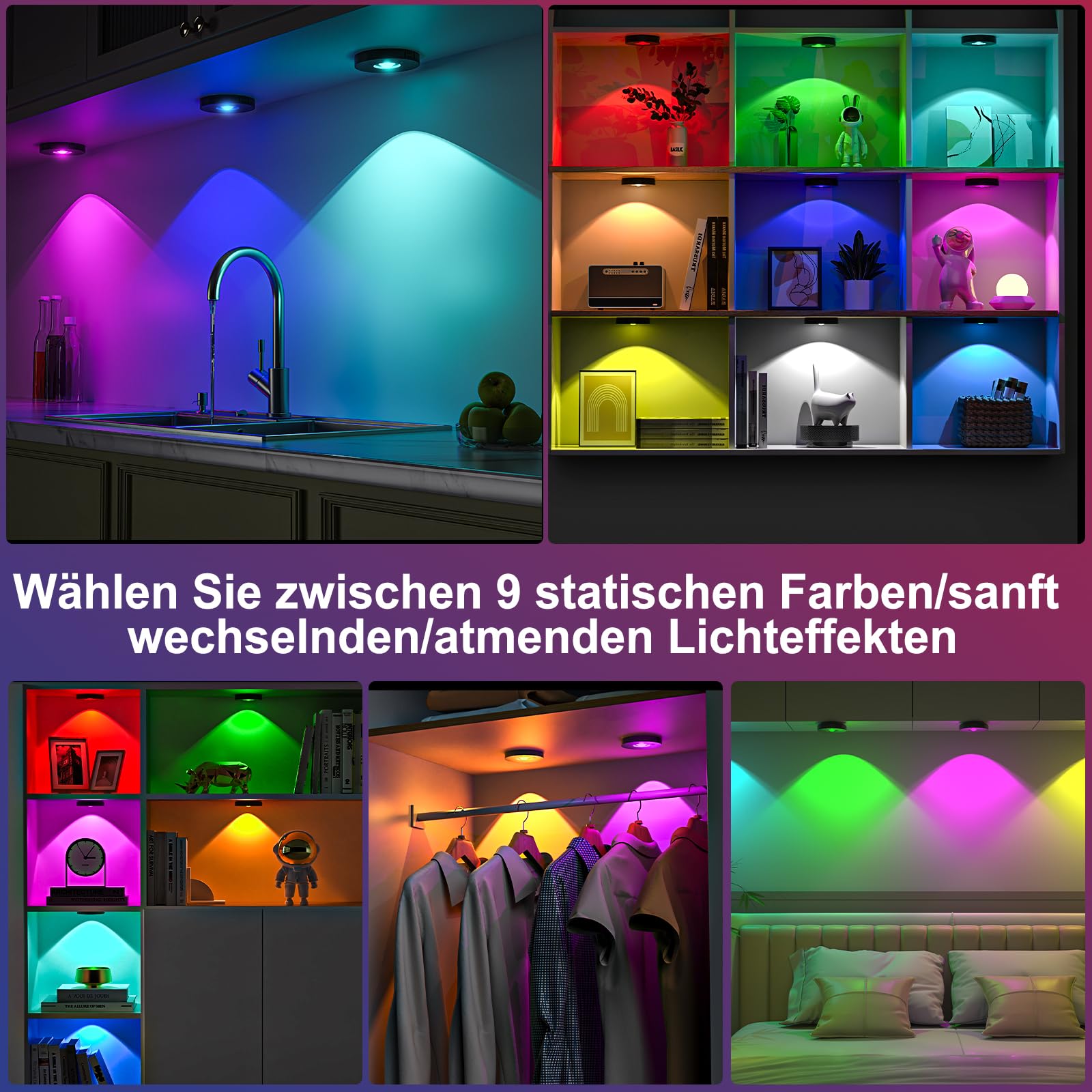 Schrankbeleuchtung USB Aufladbare RGB Katzenaugen LED Spot Akku mit Fernbedienung - 9 Farben, Dimmbar, Magnetisch, Timer, LED Unterbauleuchte Vitrinenbeleuchtung Regal Beleuchtung (6er Pack)