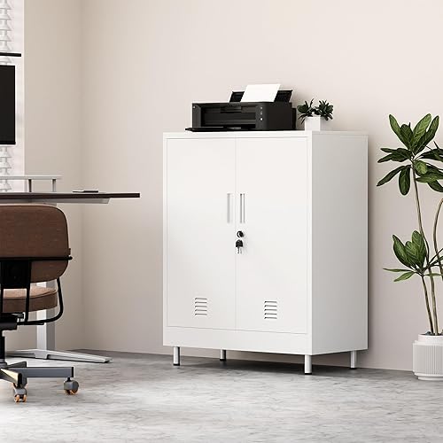 Miniatura 8 de Armario de almacenamiento de metal con puertas de bloqueo y 2 estantes ajustables, armario de almacenamiento con cerradura para oficina en casa,