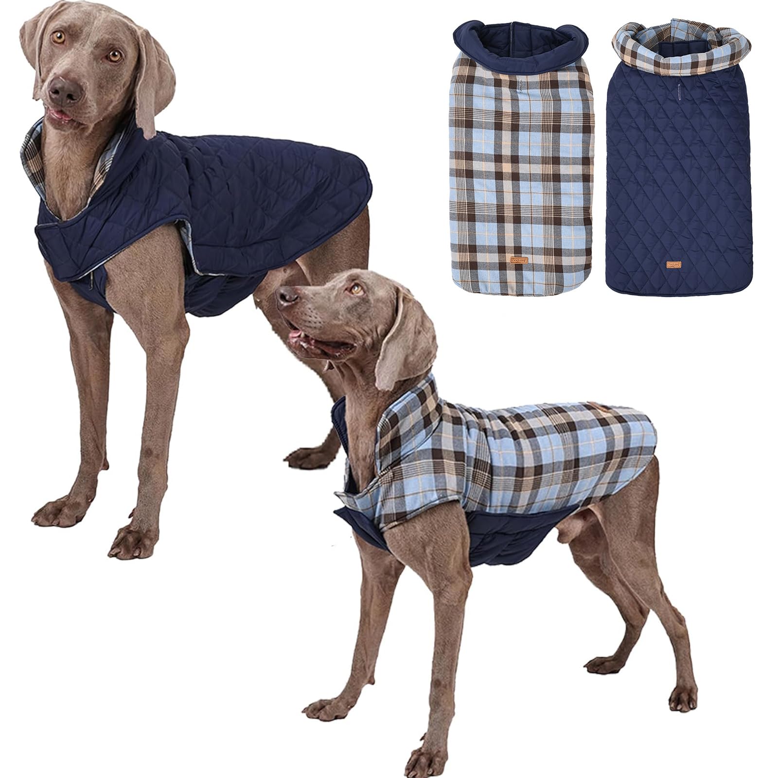RUYICZB Warm Dog Coat, Reversible Dog Jacket Waterproof Dog Coat British Style Plaid Dog Winter Clothes Pet Cold Weather Vest Coats Cozy Snowsuit for Small Medium Large Dogs,Blue,S