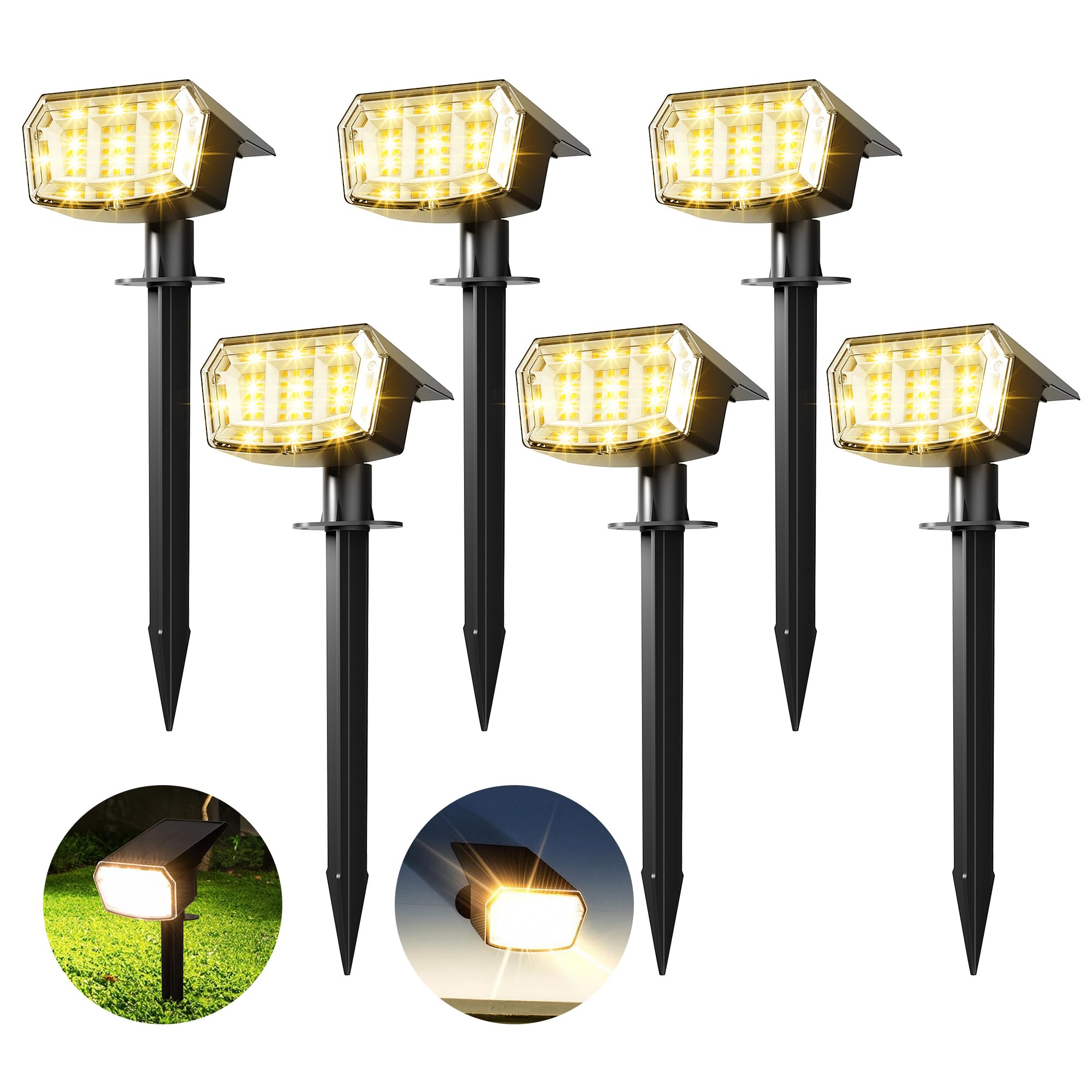 PATIOPIA Solar Spot Lights Outdoor Garden, 63 LED Solar Powered SpotLights, 3 Modes, IP65 Waterproof Garden UpLighters for Yard Pathway Patio Driveway (6 Pack,Warm White)