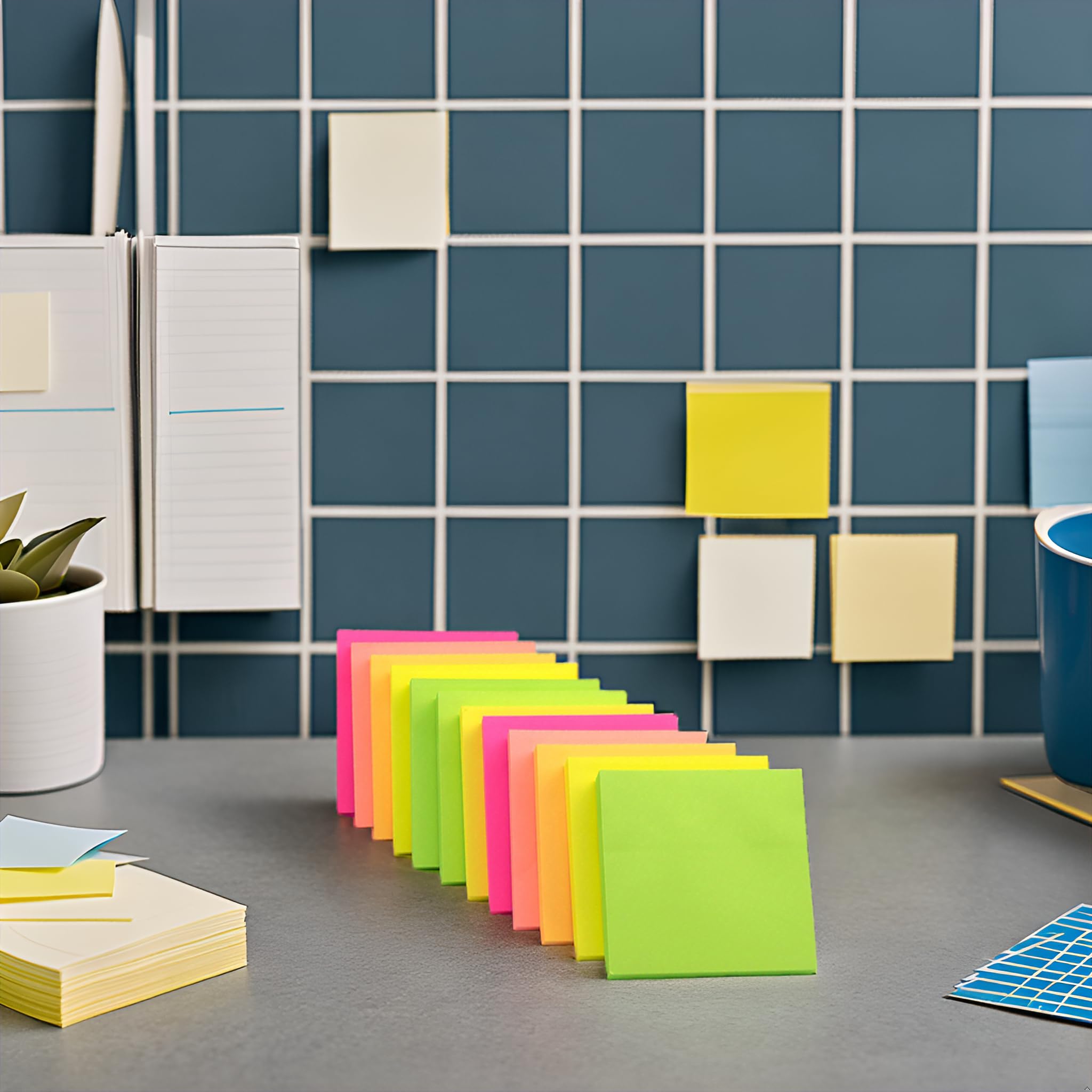 Evergreen Goods 36 Pastiglie Notes | Colore neon Note Adesive (giallo, rosa, arancione, verde e pesca) | Promemoria Adesivi Removibili, Revisione | 100 Fogli per Blocco – 76 x 76 mm