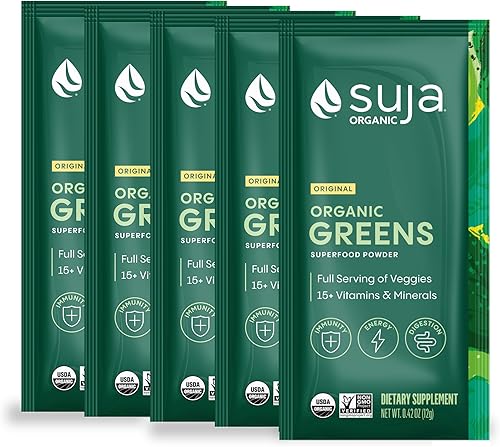 Suja Organic Greens - Paquete de prueba en polvo, 5 paquetes de barritas Mezcla de probióticos, espirulina, bebida diaria de superalimentos o