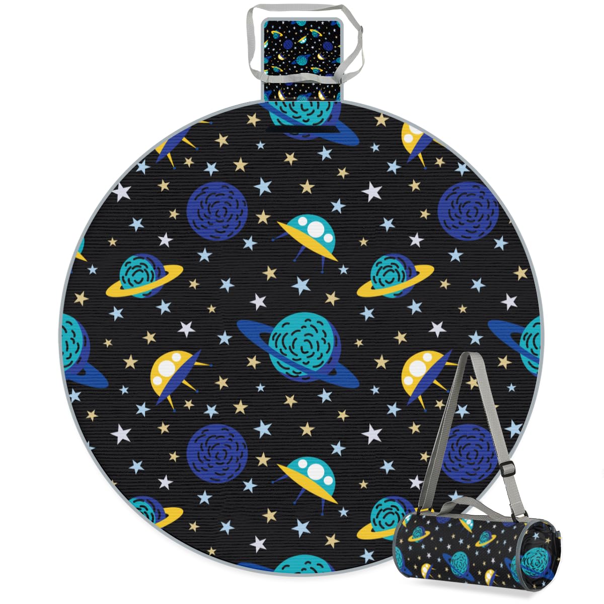Shimoshe Earth Spacecraft Picnic Outdoor Blanket Foldable Waterproof Sandproof Beach Blanket Portable Water-Resistant Round Picnic Mat for Travel Camping Park Lawn